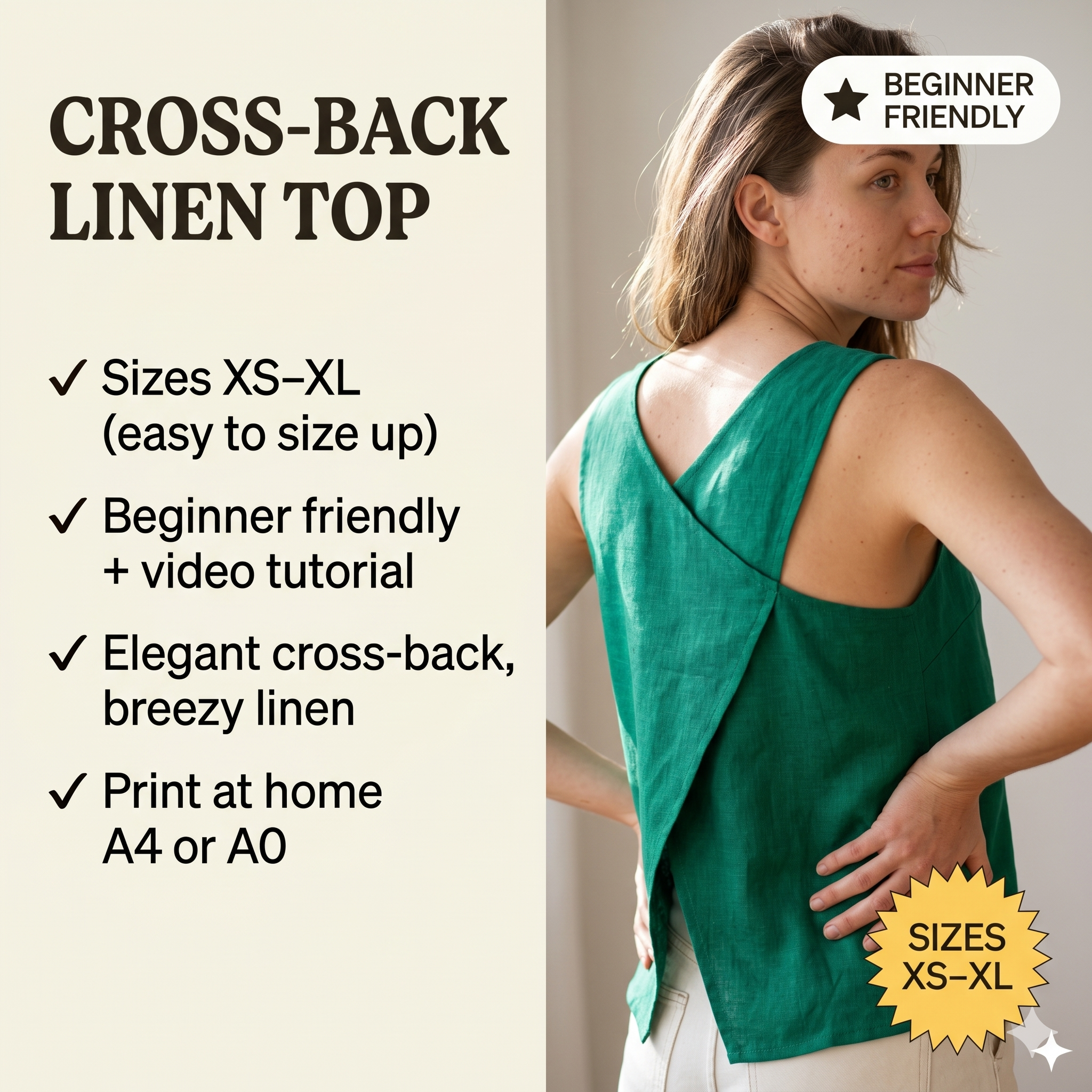 Cross Back Top Sewing Pattern | Easy Sewing Pattern PDF for Beginners | XS-XL | Instant Download | A0, A4, Easy Instructions, Video Tutorial