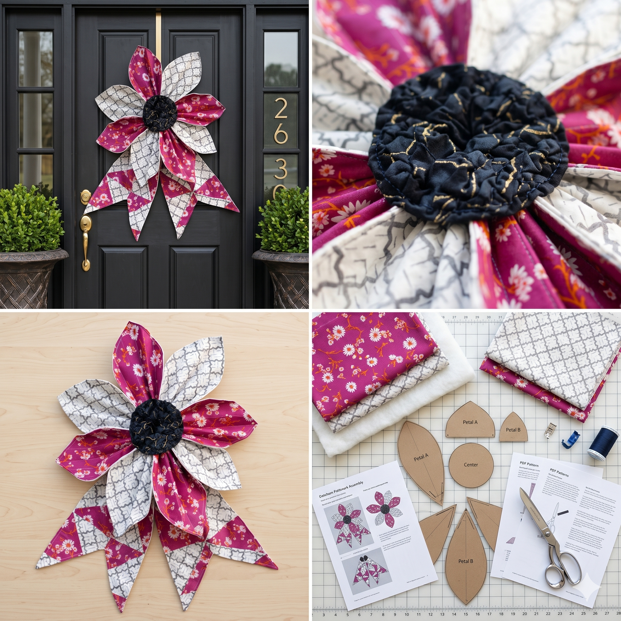 DIY Big Quilted Fabric Flower Bow Pattern, Large Patchwork Bow Sewing PDF, Front door Handmade Giant Fabric Bow Pattern Decoration