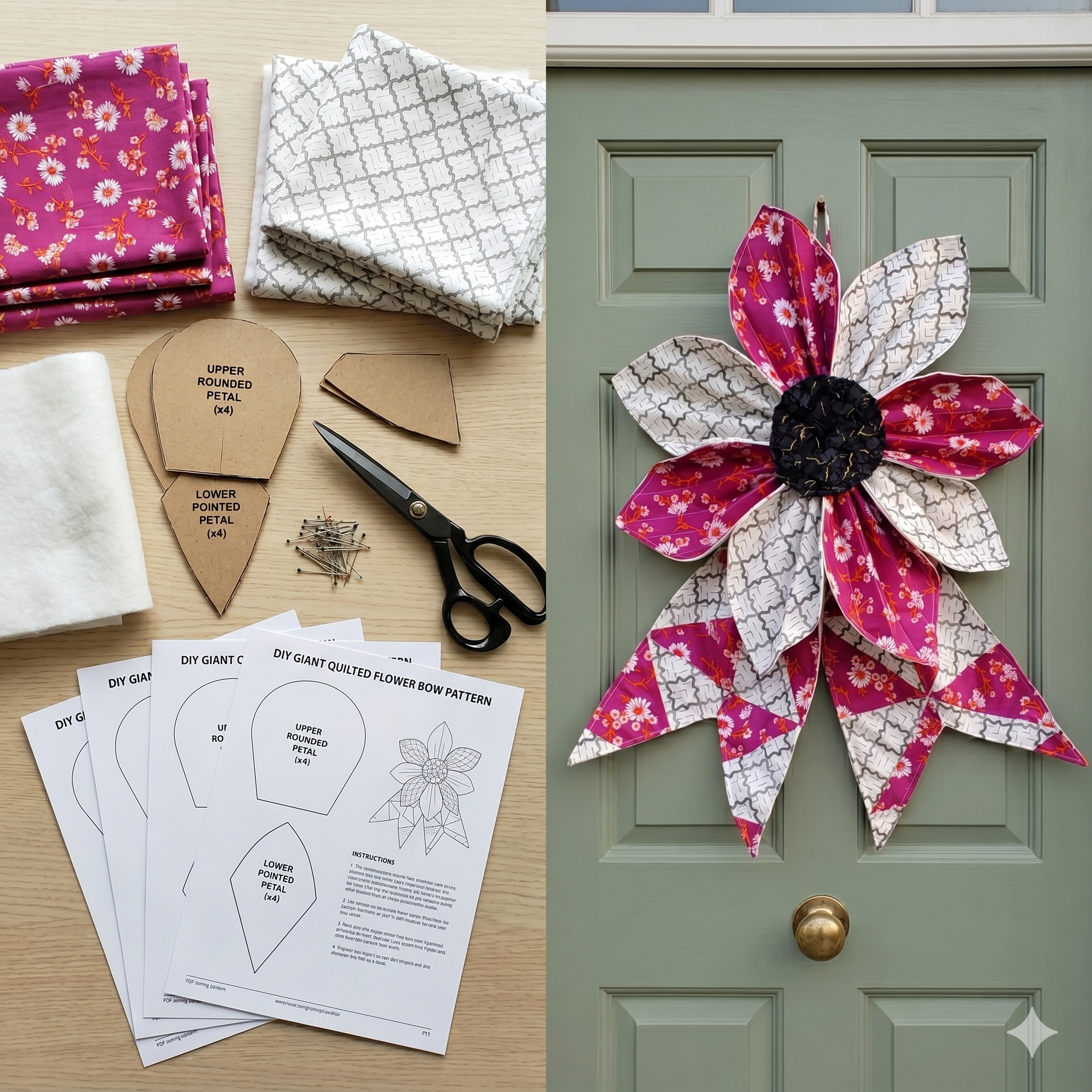 DIY Big Quilted Fabric Flower Bow Pattern, Large Patchwork Bow Sewing PDF, Front door Handmade Giant Fabric Bow Pattern Decoration