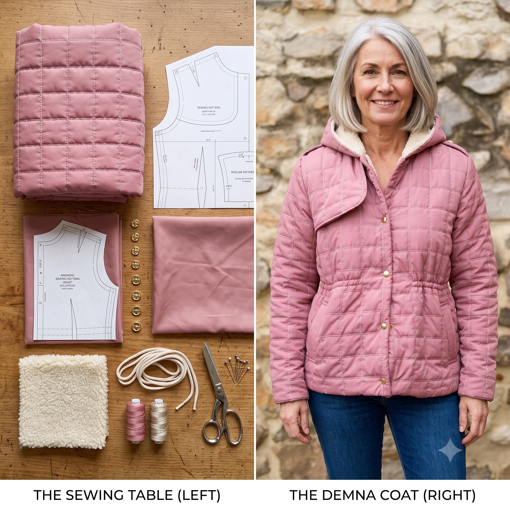 DEMNA Padded Coat Sewing Pattern PDF, Puffer Style Coat, Hooded Winter Jacket, Drawstring Waist, Raglan Pockets, Intermediate, Sizes 34–48