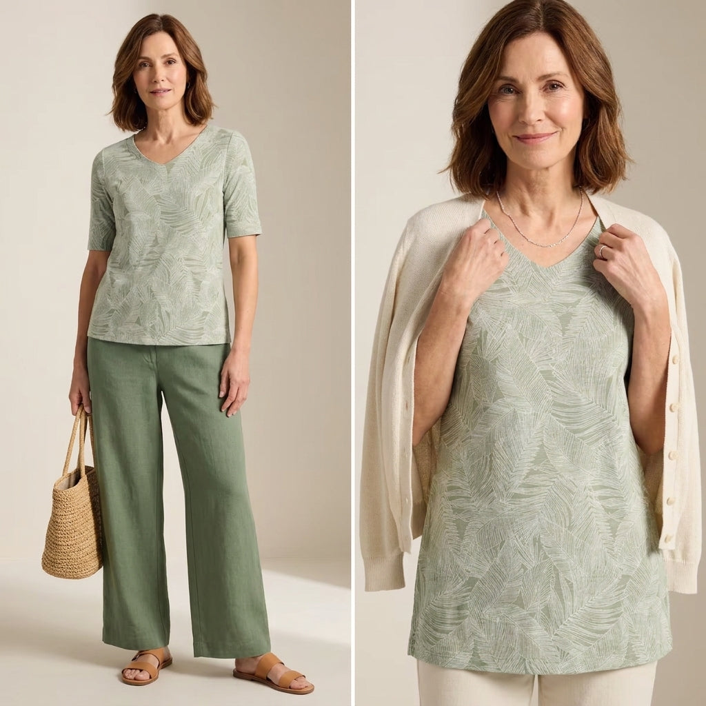 ✨ Botanical Print V-Neck Elbow Sleeve Tee – Instant Download PDF Sewing Pattern
