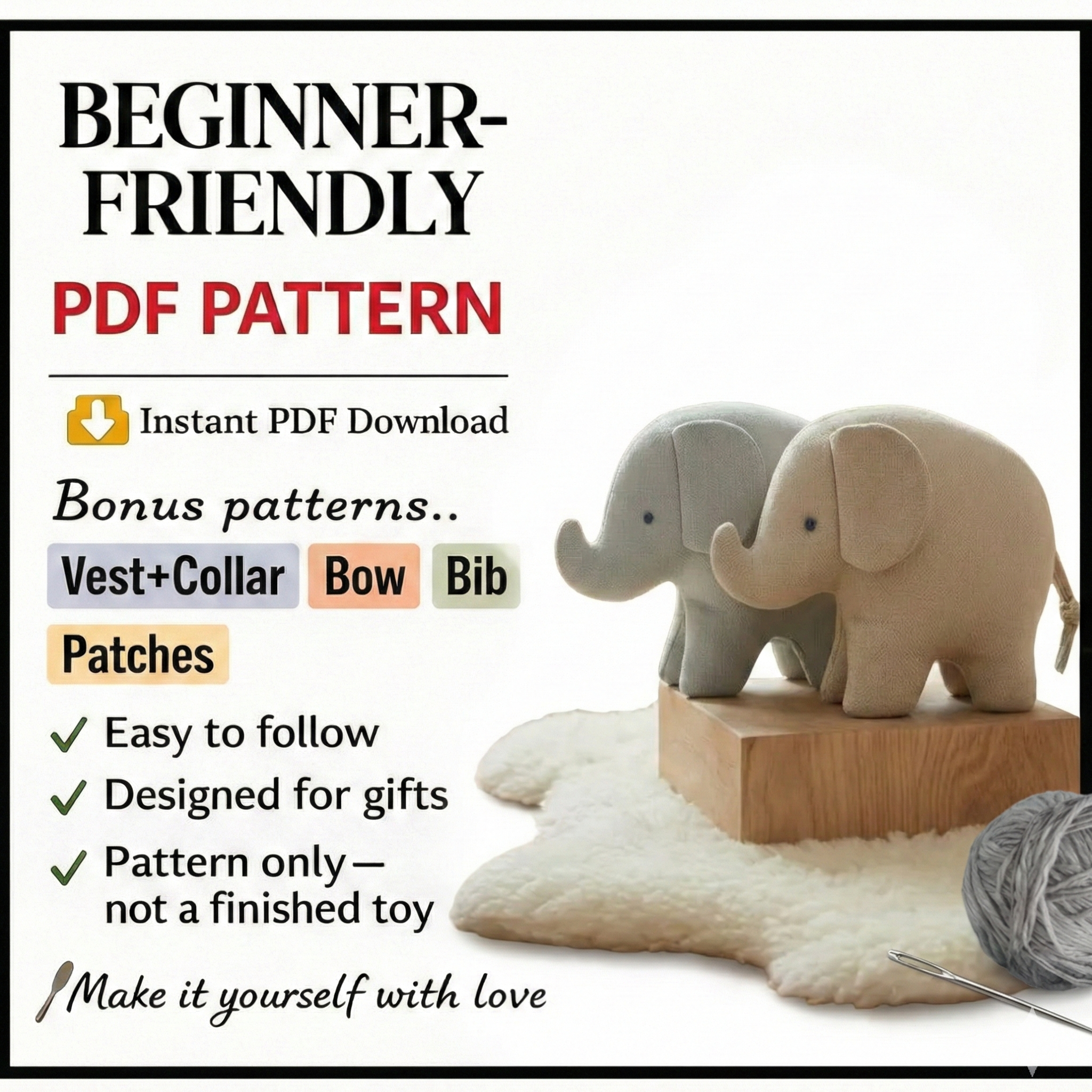 Elephant Sewing Pattern – Fabric Elephant Patterns, Easy Plush Animal Patterns for Beginners (PDF), DIY Soft Toy Pattern