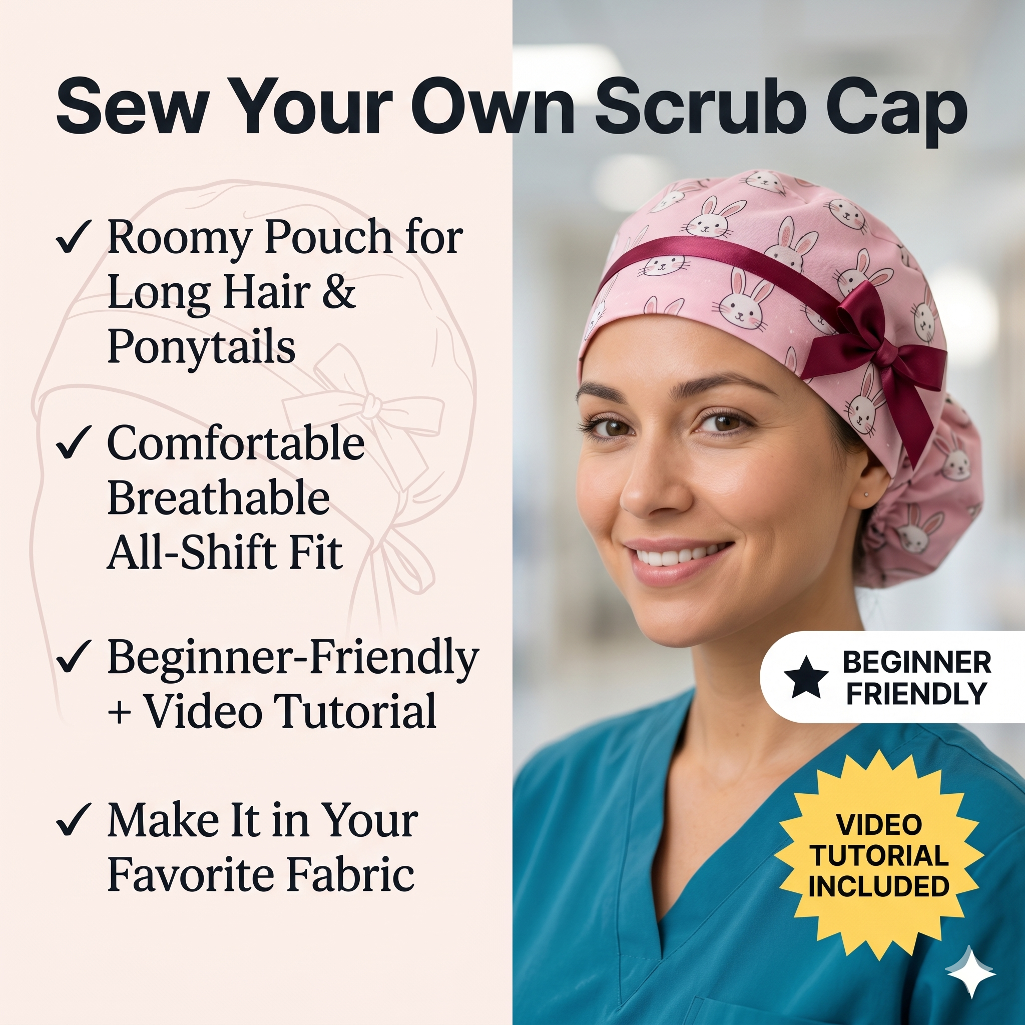 Euro Style Ponytail Scrub Cap Sewing Pattern PDF, Nurse Scrub Hat, Surgical Cap, Video Tutorial