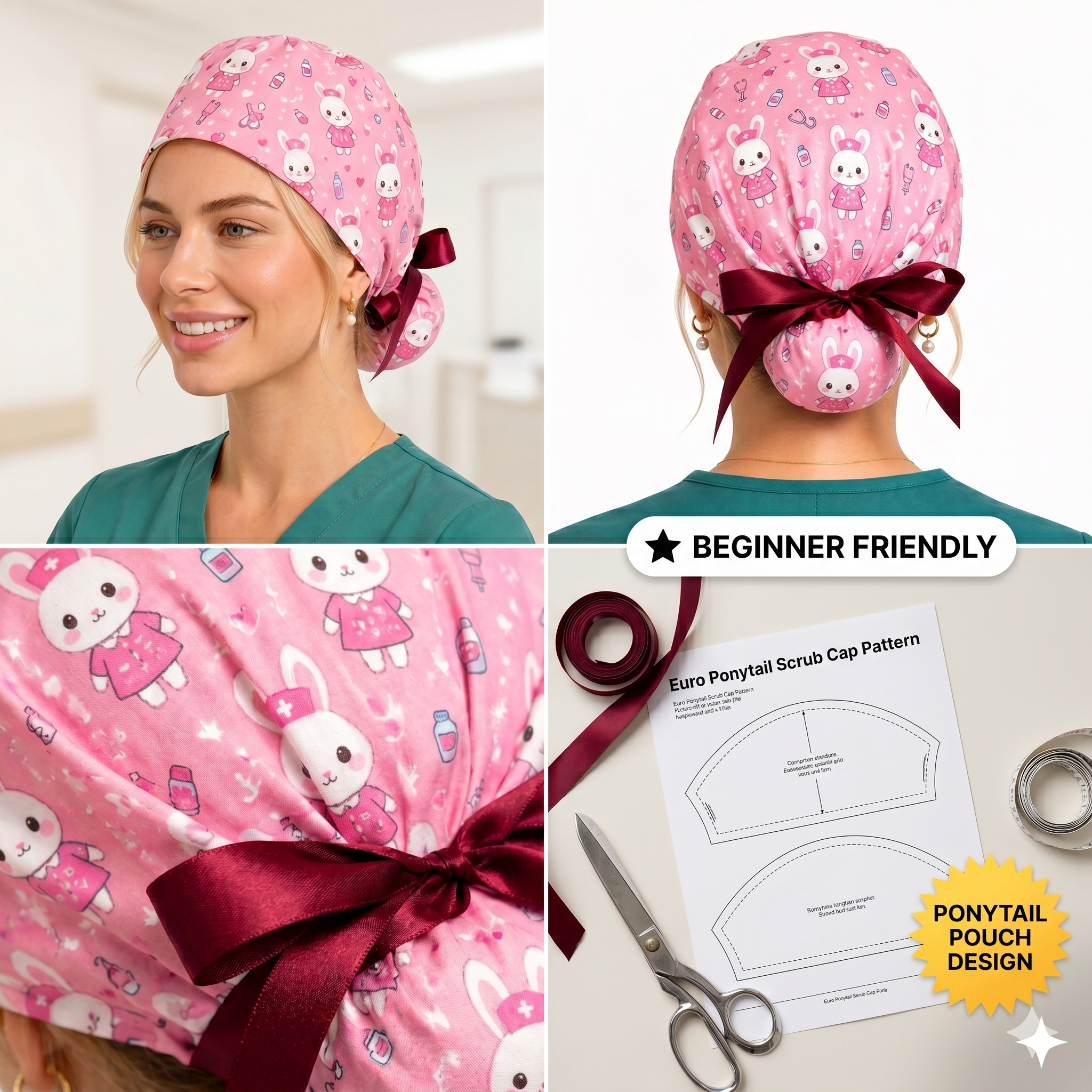 Euro Style Ponytail Scrub Cap Sewing Pattern PDF, Nurse Scrub Hat, Surgical Cap, Video Tutorial