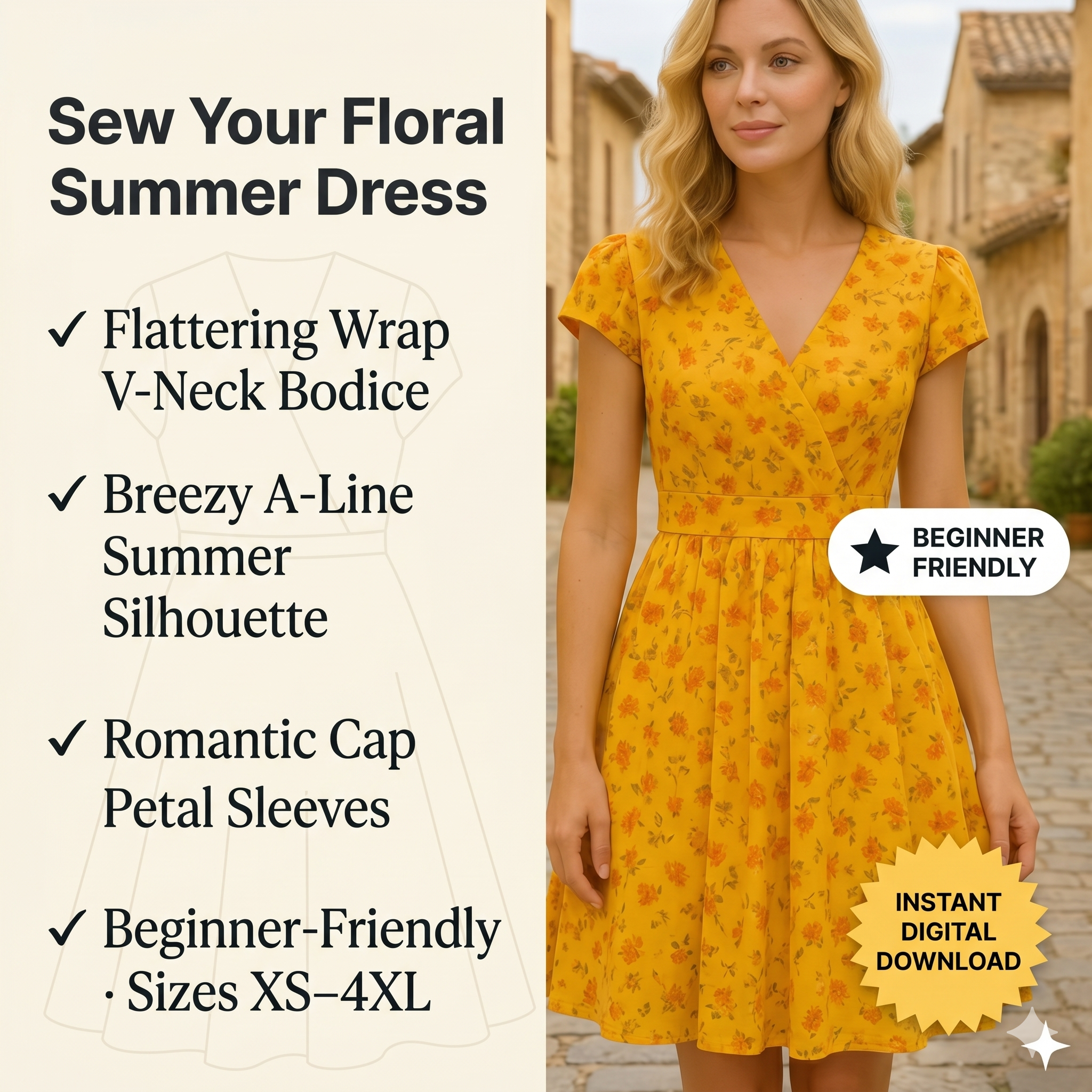 Floral Midi Dress Sewing Pattern: A-Line Summer Dress (XS-4XL) (Digital Download)