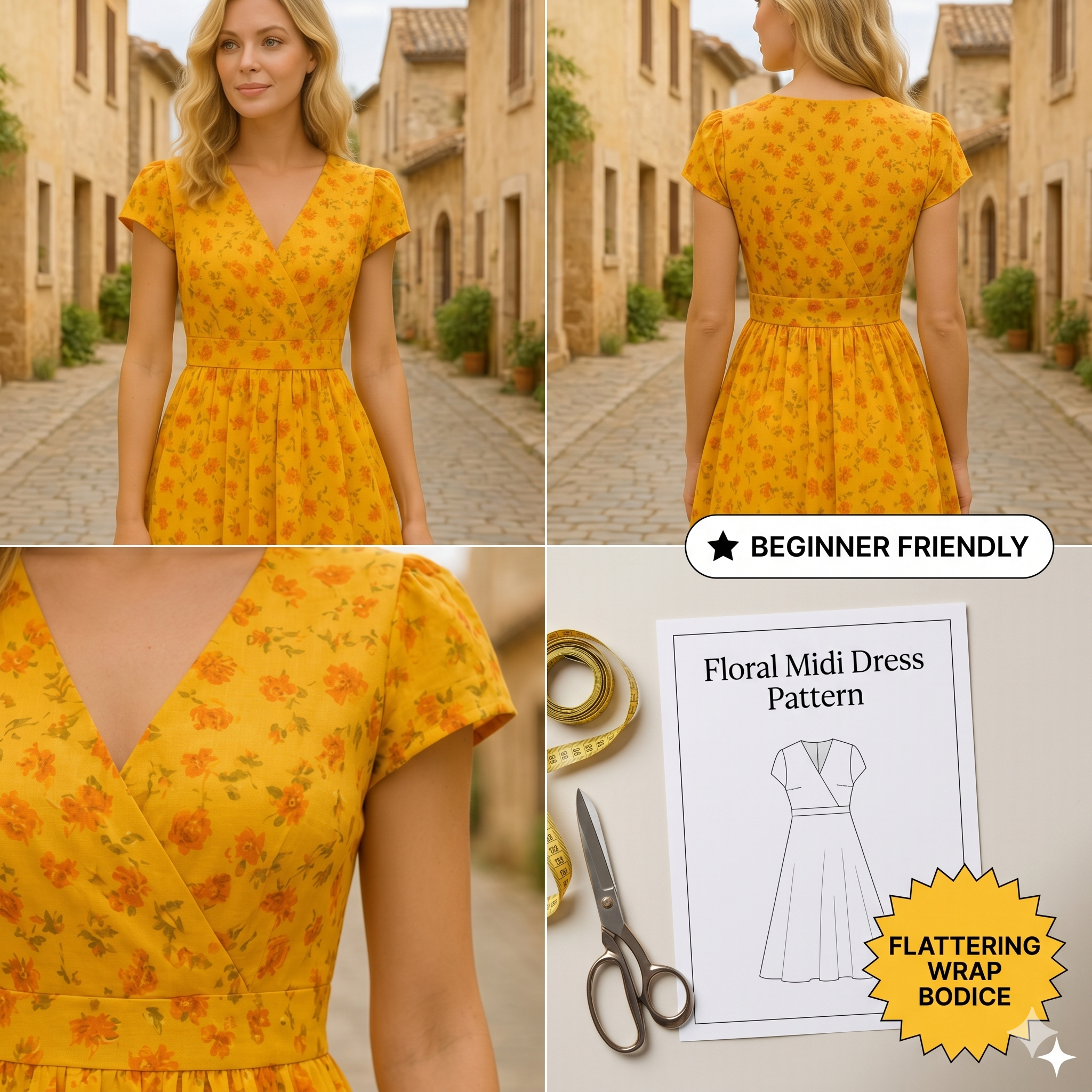 Floral Midi Dress Sewing Pattern: A-Line Summer Dress (XS-4XL) (Digital Download)