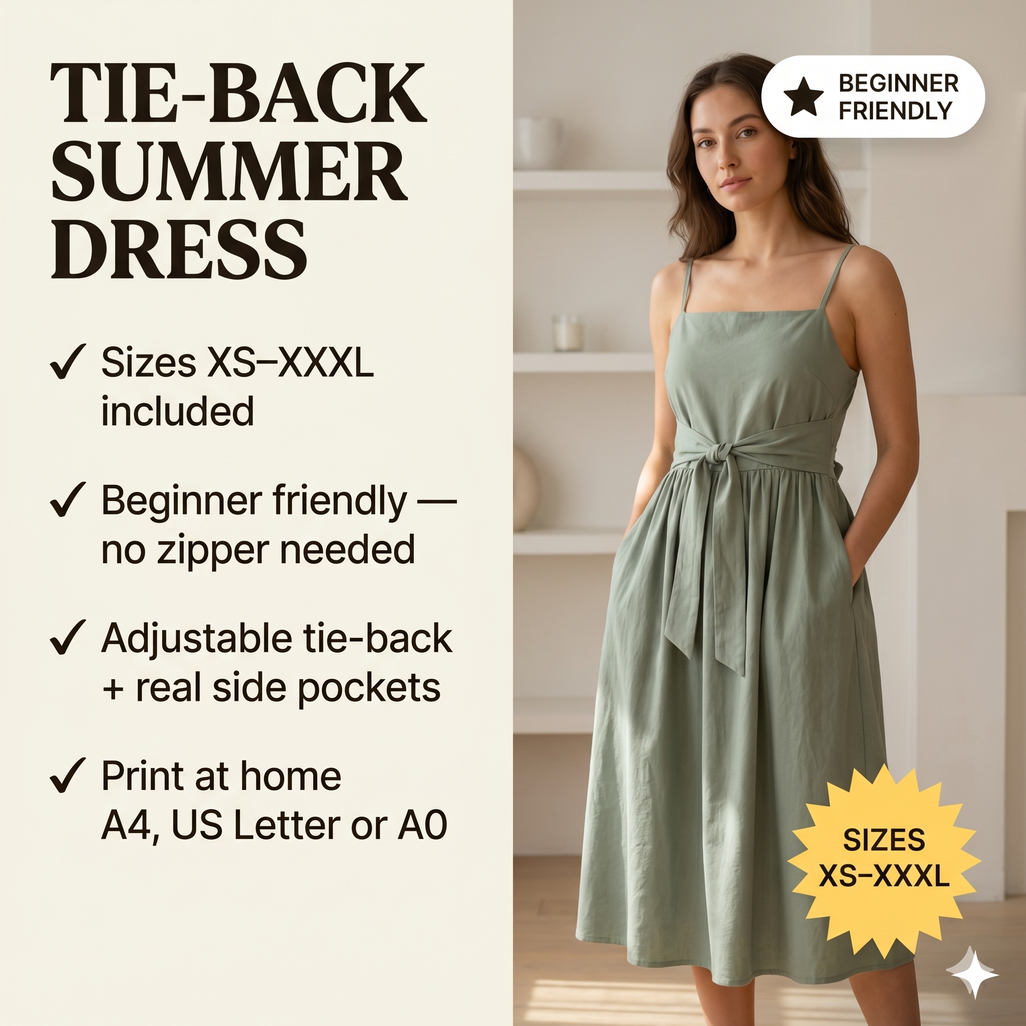Wrap dress sewing pattern pdf with pockets, no zipper, linen midi dress, beginner friendly, XS to XXXL, summer dress, instant download