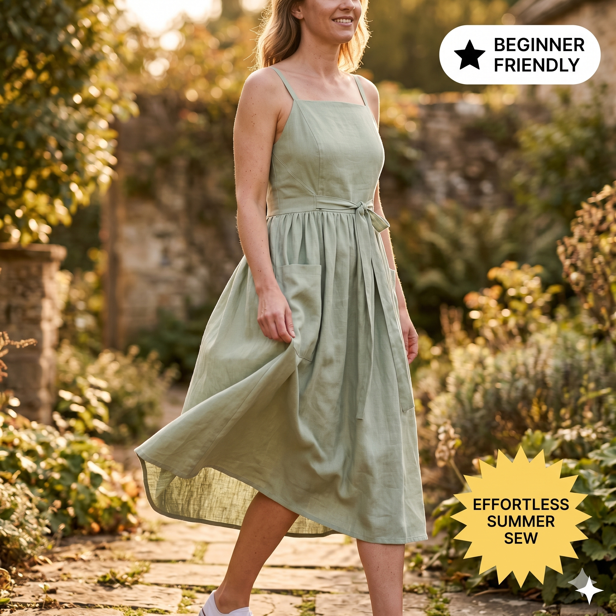 Wrap dress sewing pattern pdf with pockets, no zipper, linen midi dress, beginner friendly, XS to XXXL, summer dress, instant download