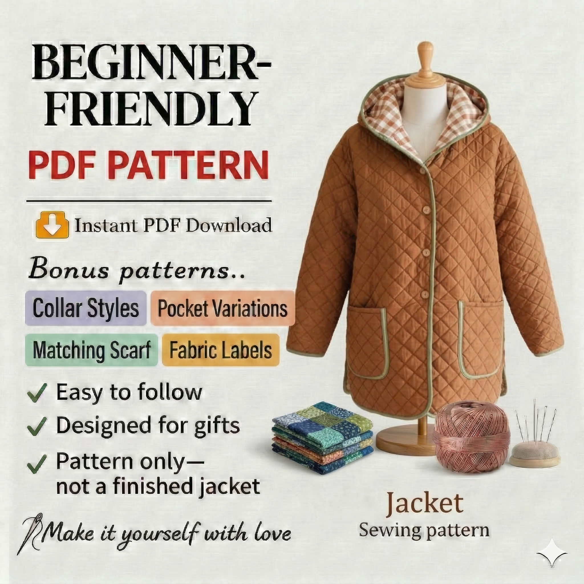Oversize Hooded Quilted Jacket / Coat Pdf Sewing Pattern / 0/XXS/32-18/5XL/50 Sizes/A4-US Letter-A0