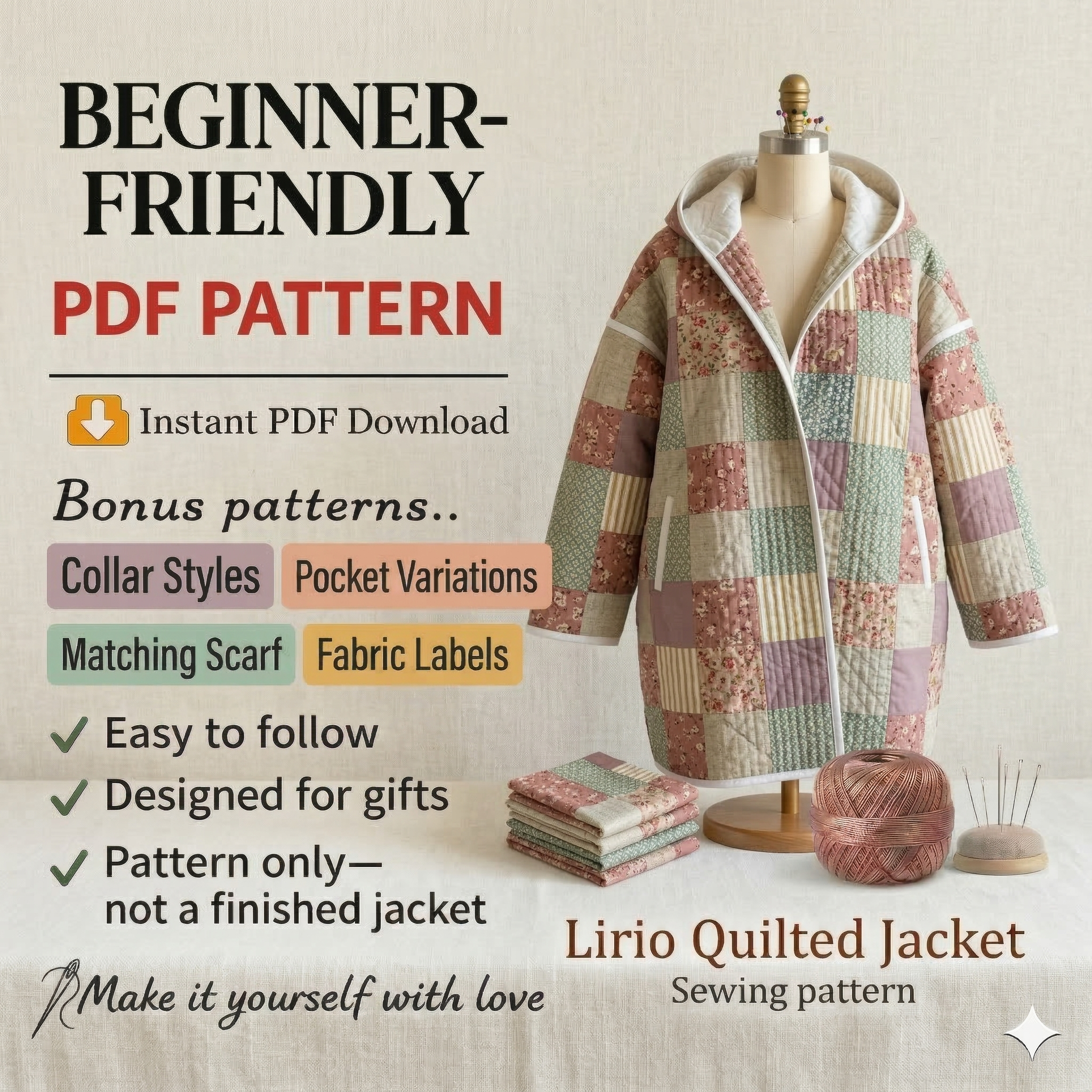 Florence Quilt Coat Sewing Pattern | Beginner Friendly | Jacket Cardigan | Long Coat | Sizes XXS-4XL | Instant Download