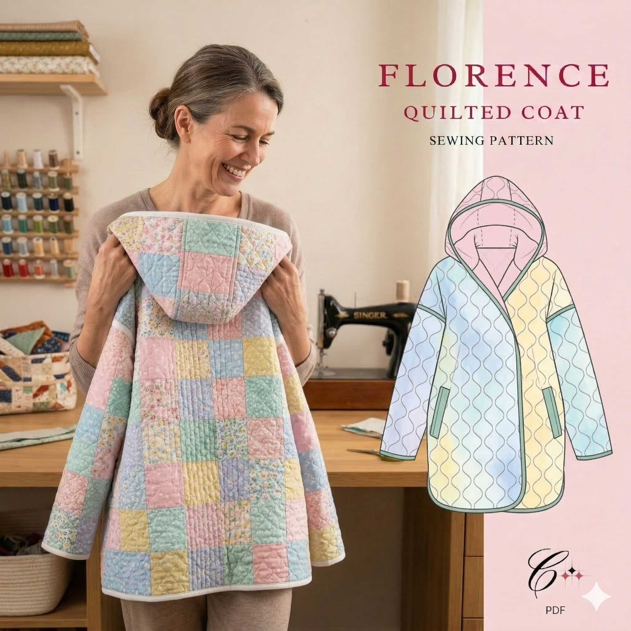 Florence Quilt Coat Sewing Pattern | Beginner Friendly | Jacket Cardigan | Long Coat | Sizes XXS-4XL | Instant Download