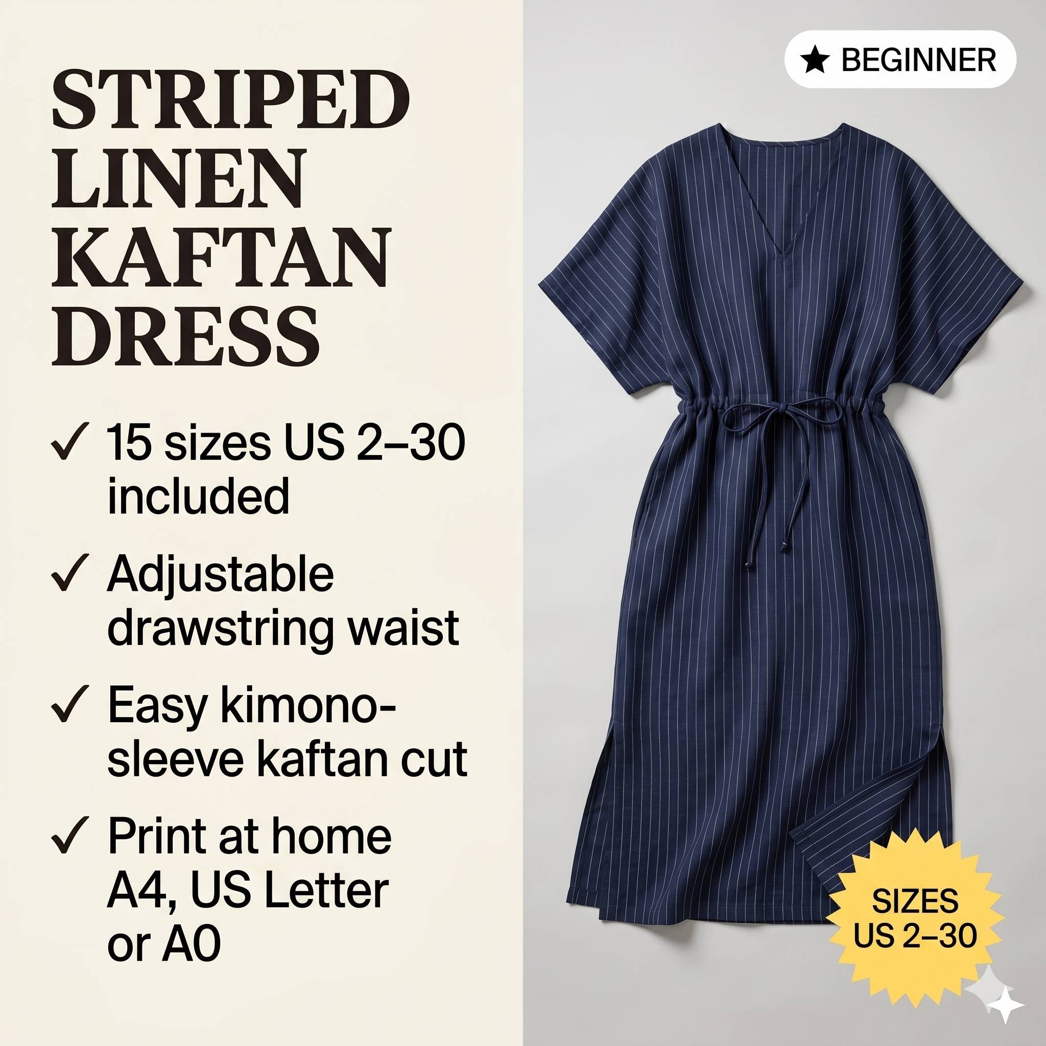 ✨ Striped Organic Cotton Gauze V-Neck Kaftan – Instant Download PDF Sewing Pattern