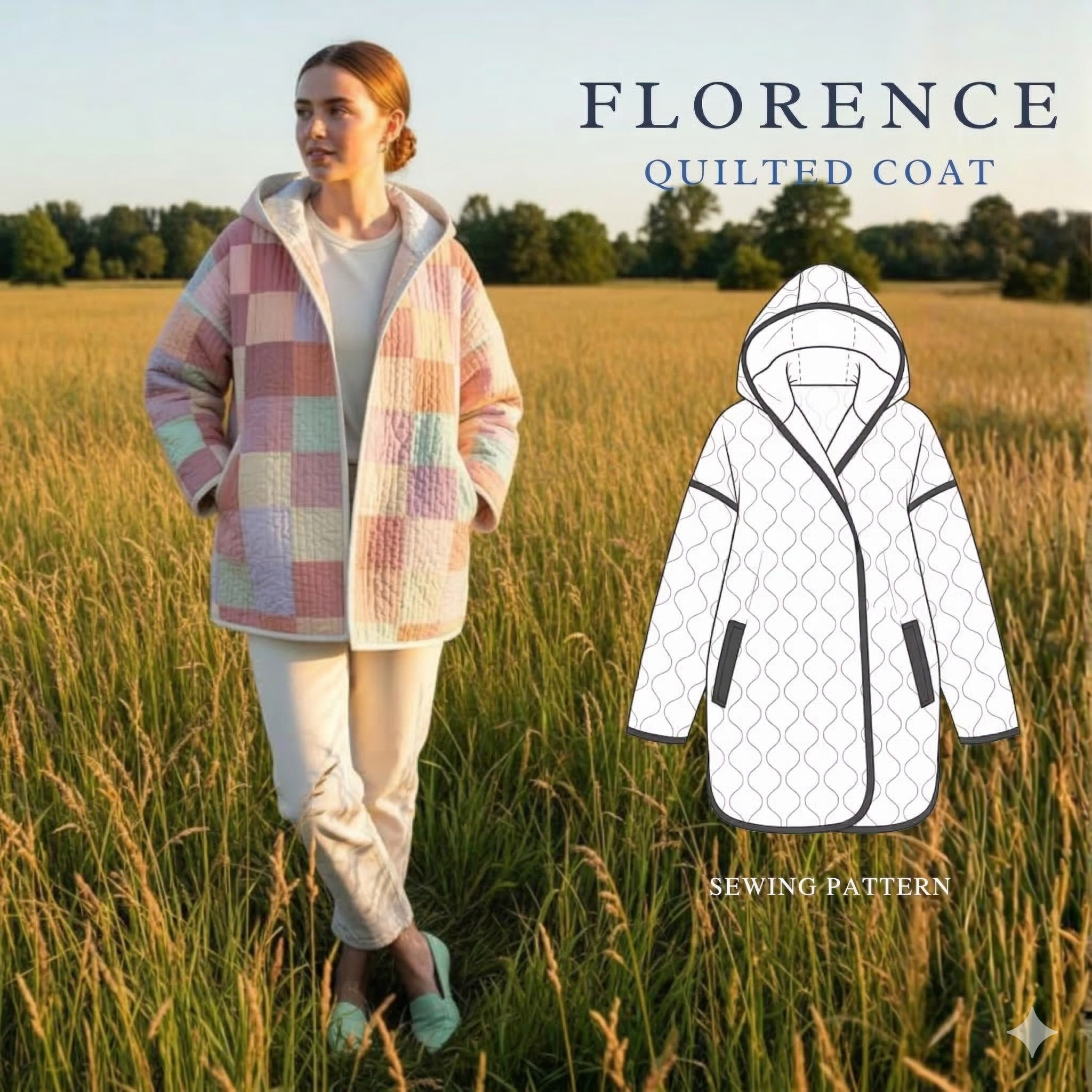 Florence Quilt Coat Sewing Pattern | Beginner Friendly | Jacket Cardigan | Long Coat | Sizes XXS-4XL | Instant Download