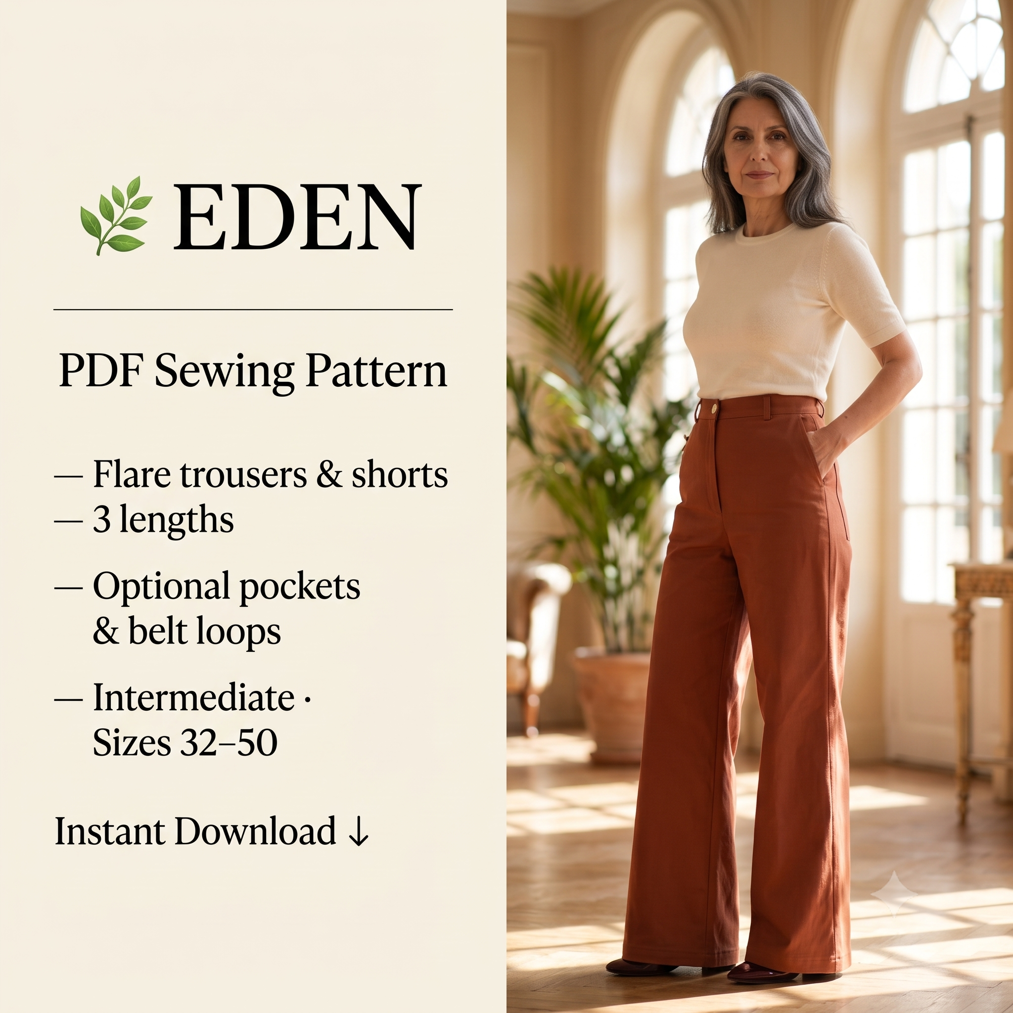 Flare Pants & Shorts Sewing Pattern PDF – Women's 2-in-1 Wide-Leg Trousers and Shorts – Sizes 32-50 – High-Waist Jeans-Style with 3 Length Options – Layered Multi-Format – Instant Download