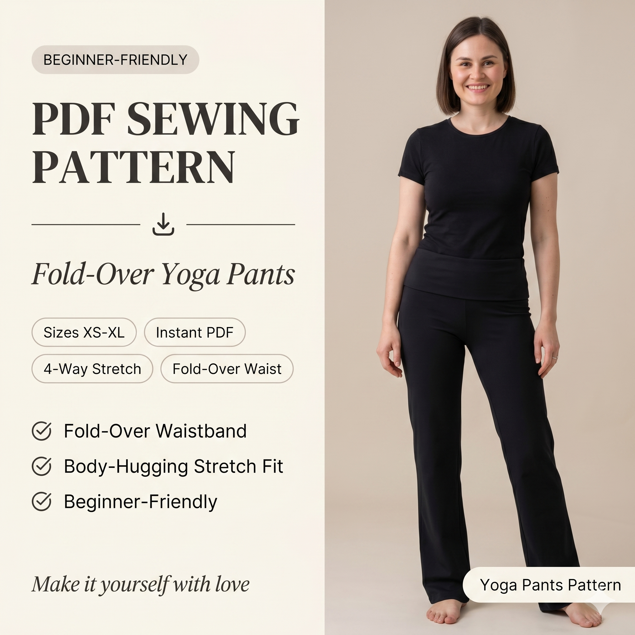 Fold Over Waist Yoga Pants Sewing Pattern | High-Waist Stretch Leggings (PDF Download)