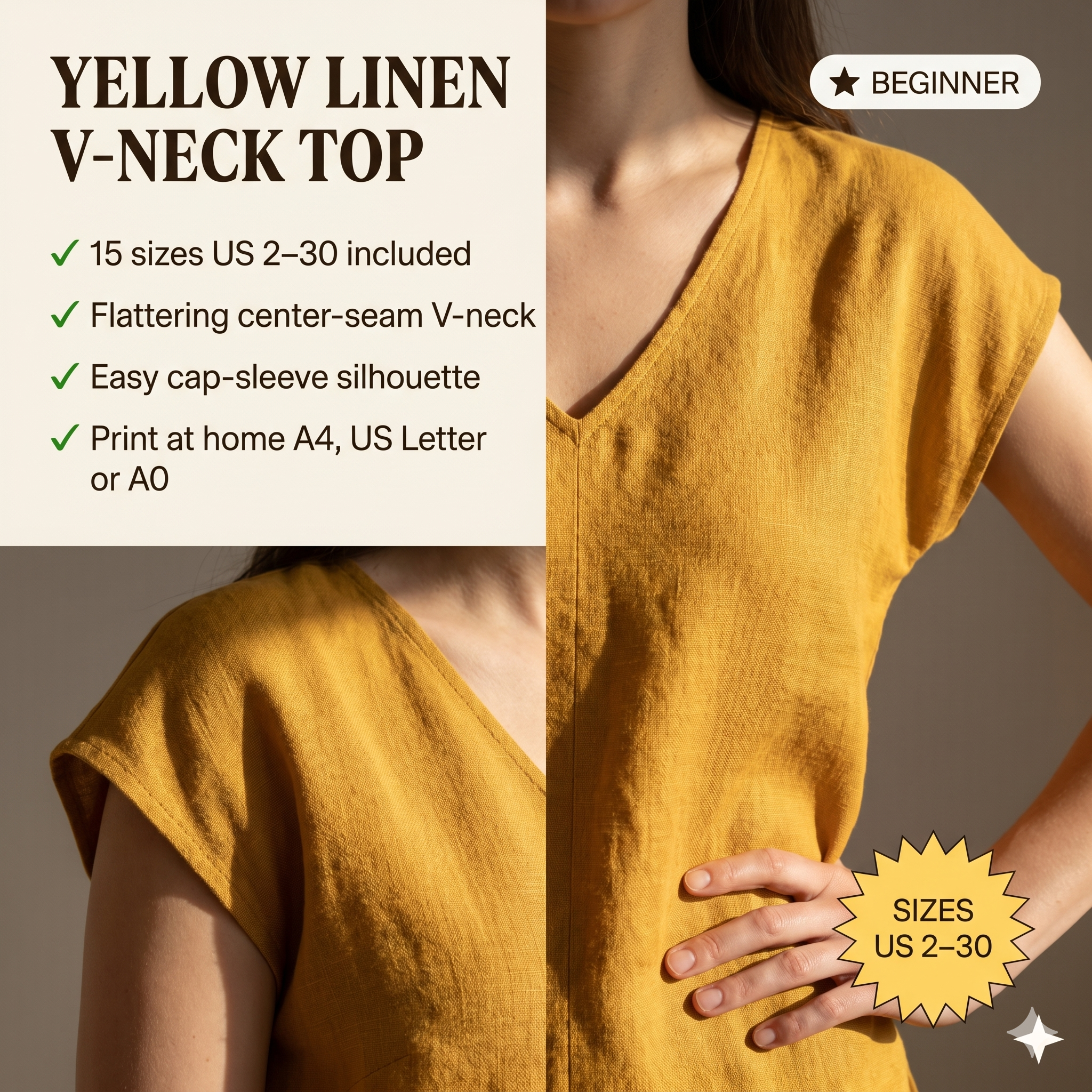 ✨ Linen Jersey V-Neck Cap Sleeve Top – Instant Download PDF Sewing Pattern