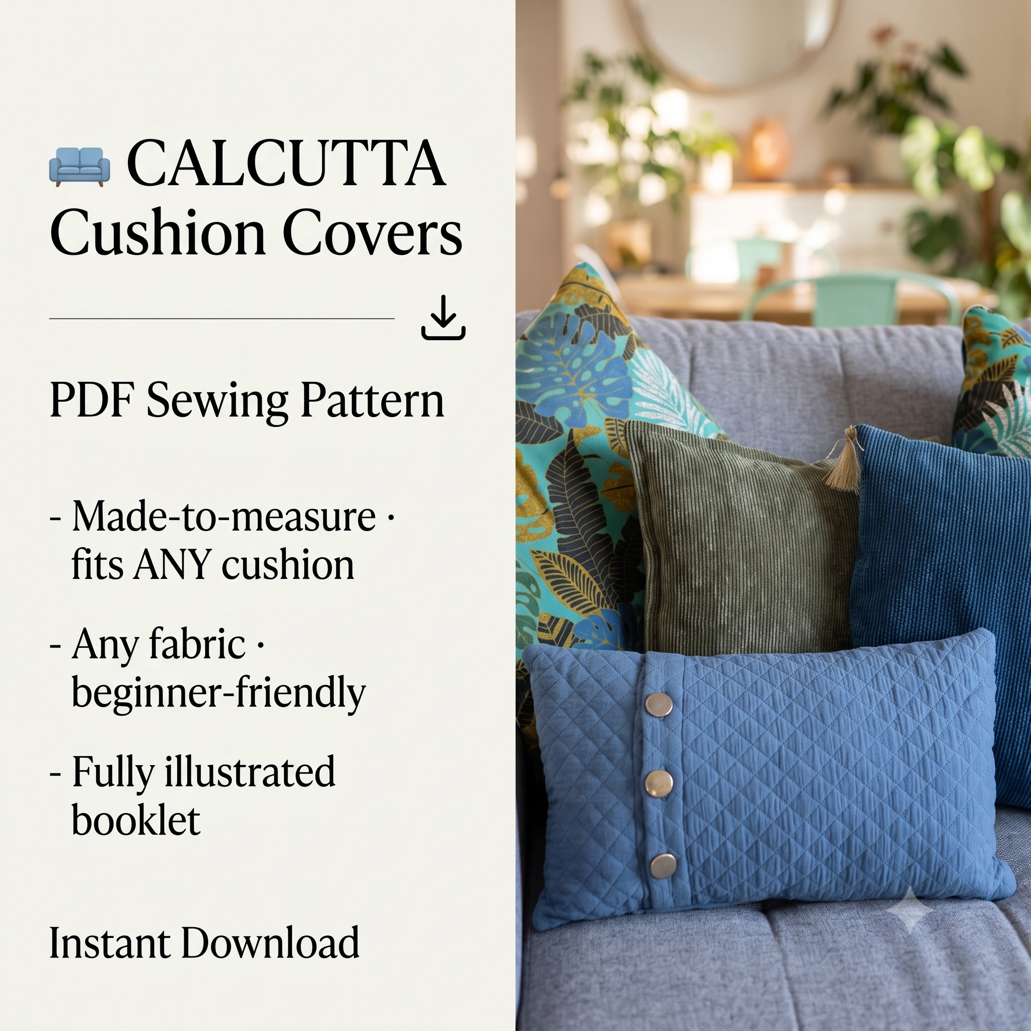CALCUTTA Cushion Cover Sewing Pattern PDF, Made to Measure Pillow Covers, Custom Size Cushion Cover, Beginner Friendly, Instant Download