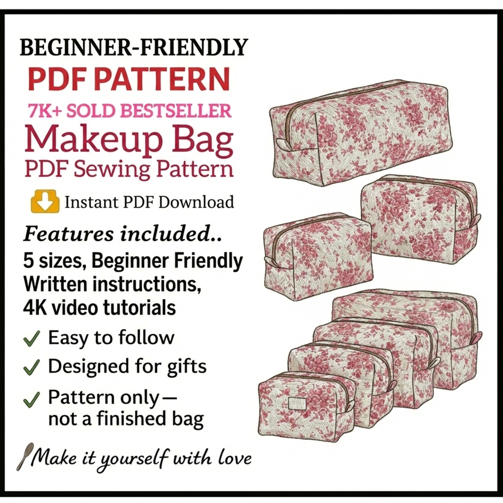 Boxy Pouch PDF Sewing Pattern: 5 Sizes, Makeup Bag & Hair Tool Organizer (4K Video)
