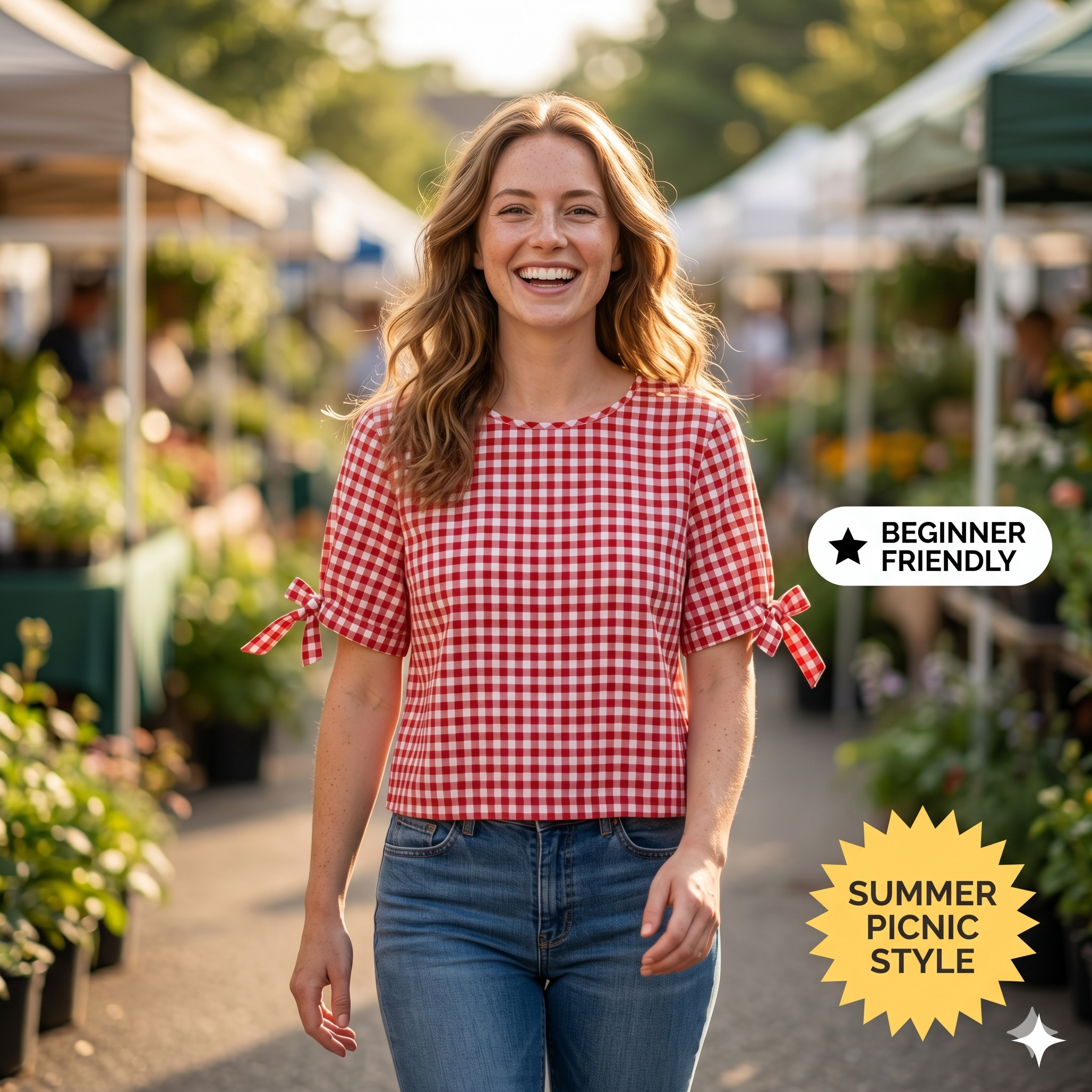 ✨ Gingham Bow Cuff Crop Top – Instant Download PDF Sewing Pattern