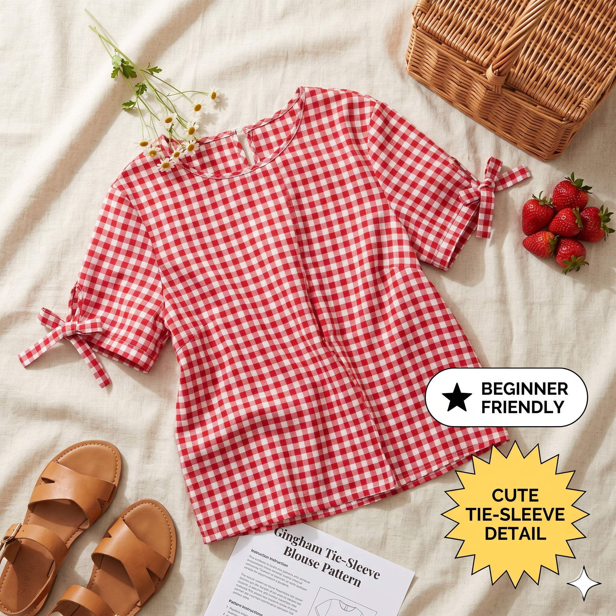 ✨ Gingham Bow Cuff Crop Top – Instant Download PDF Sewing Pattern