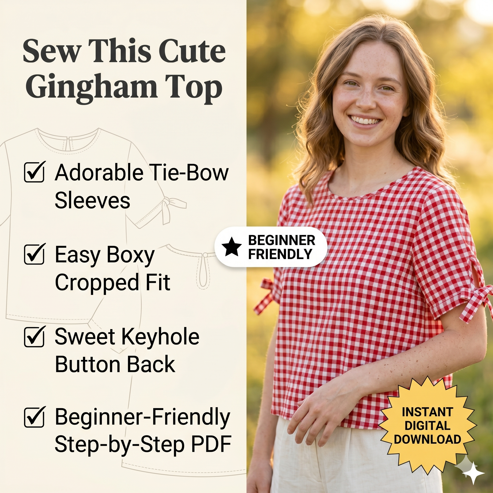 ✨ Gingham Bow Cuff Crop Top – Instant Download PDF Sewing Pattern