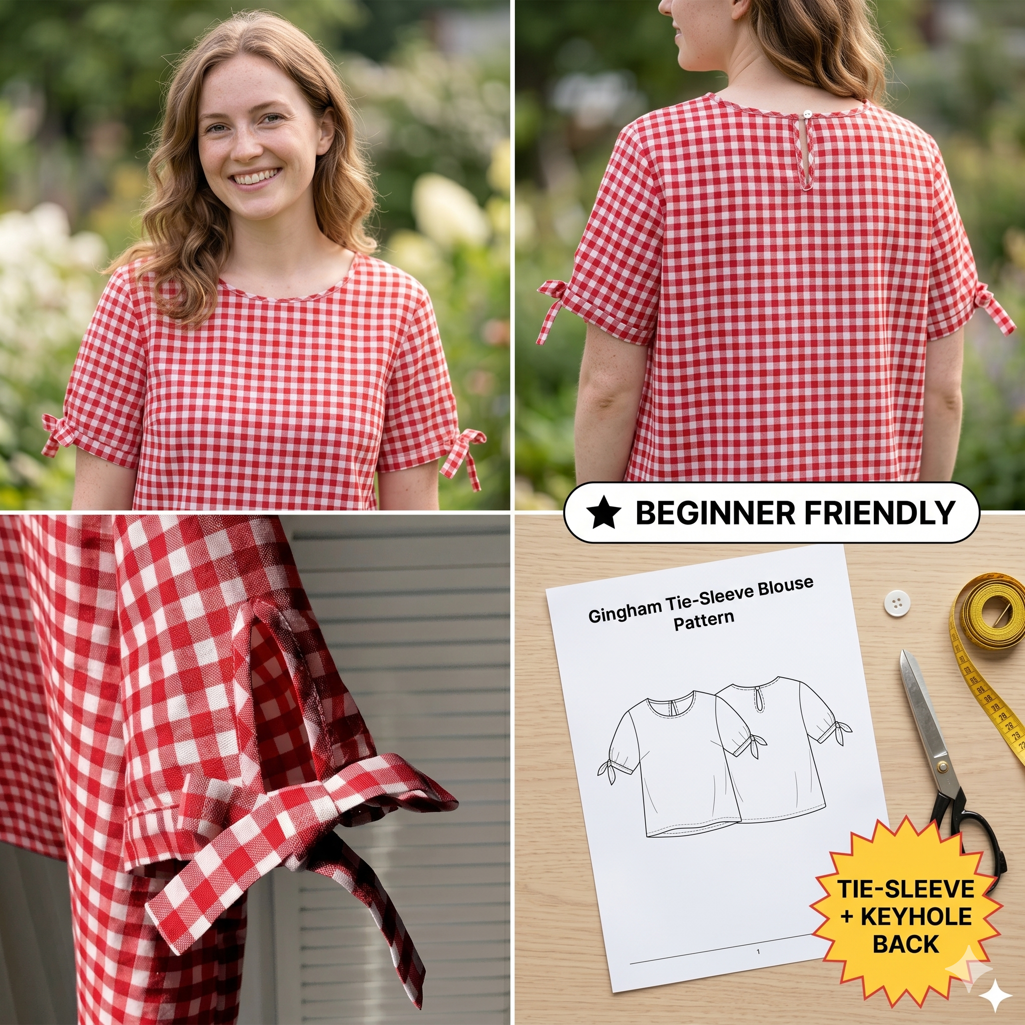 ✨ Gingham Bow Cuff Crop Top – Instant Download PDF Sewing Pattern