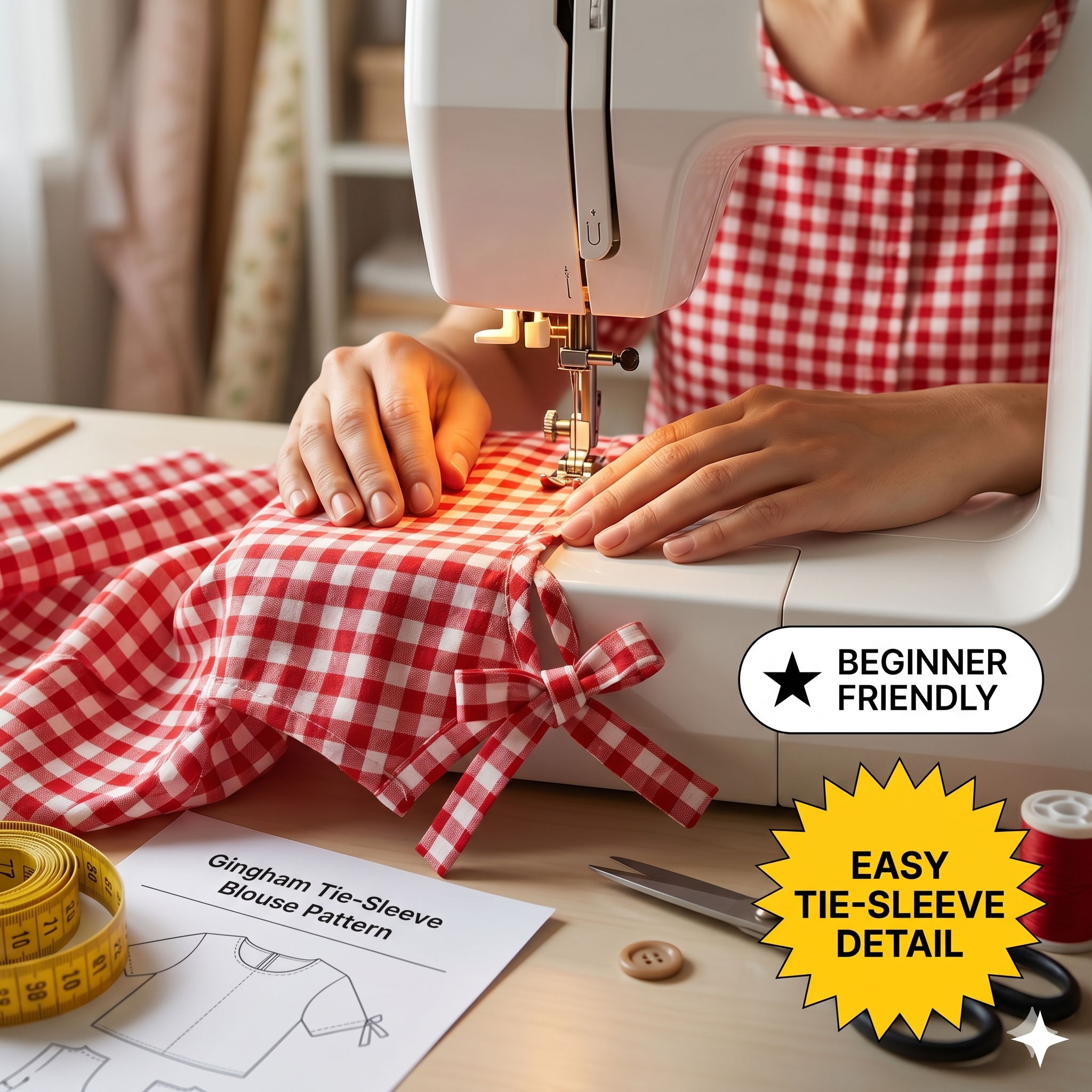 ✨ Gingham Bow Cuff Crop Top – Instant Download PDF Sewing Pattern