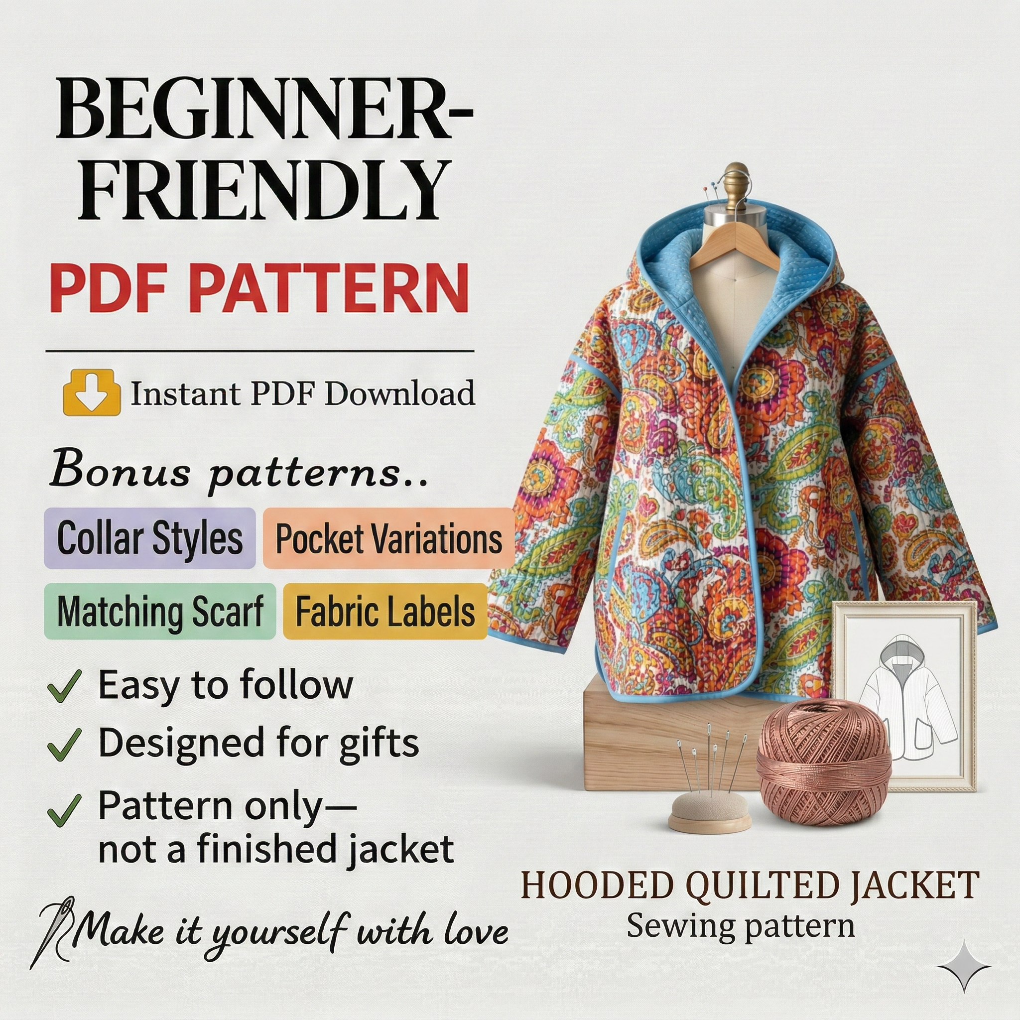 Hooded Quilted Jacket Sewing Pattern | Beginner friendly | Sizes XXS-4XL (Instant Download)