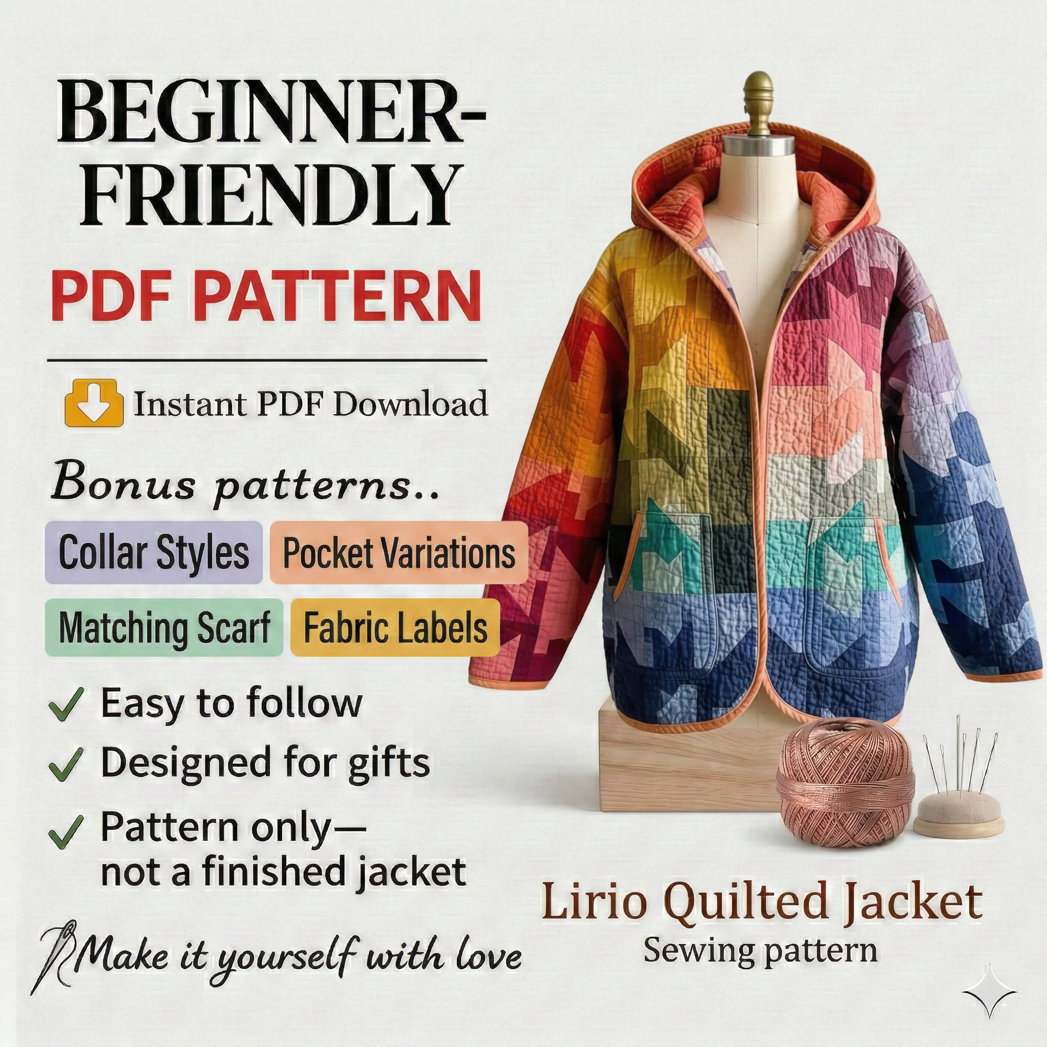 Hooded Quilted Jacket Sewing Pattern | Beginner Friendly, Sizes XXS-4XL (Instant Download)