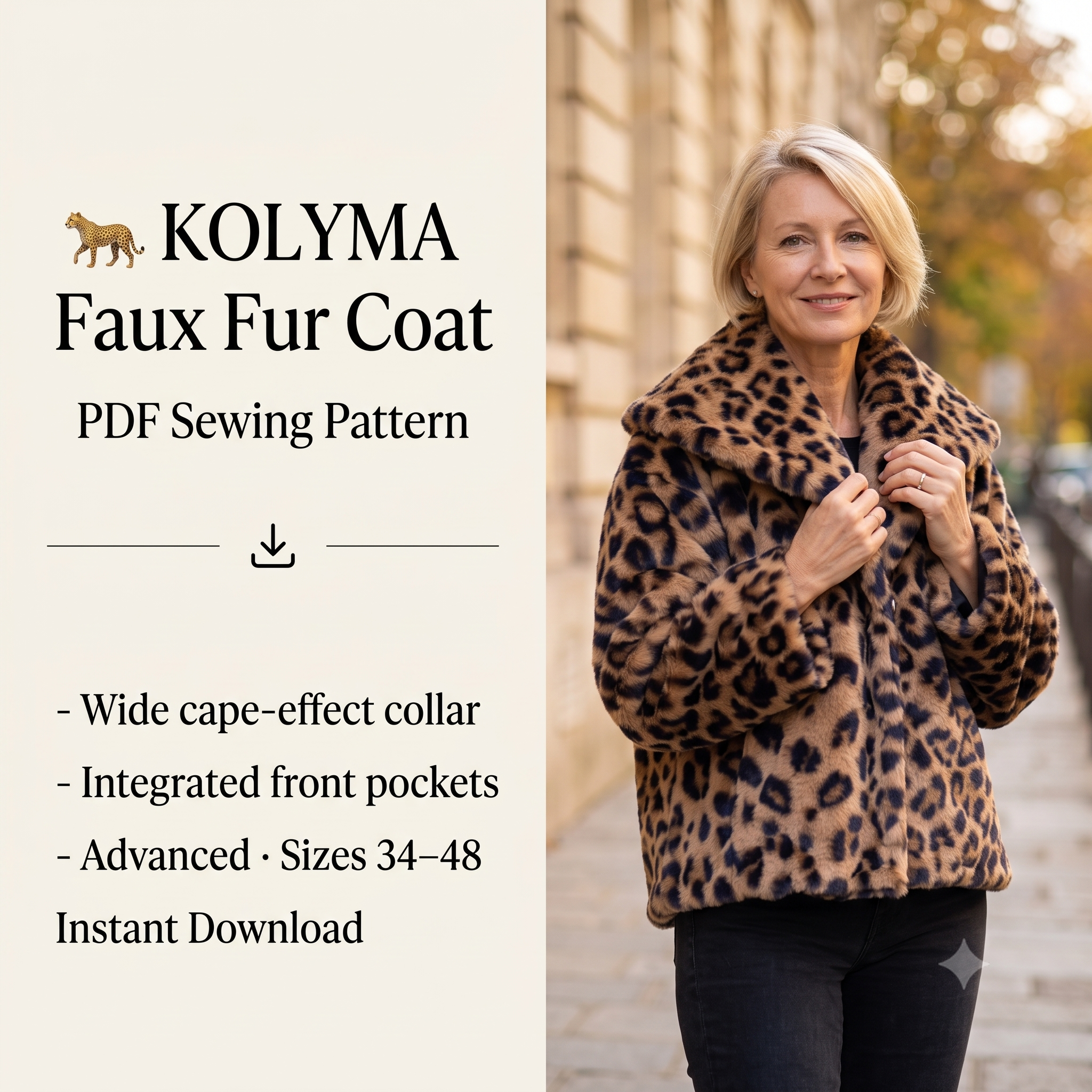 KOLYMA Faux Fur Coat Sewing Pattern PDF, Cape Collar Coat, Fully Lined Winter Jacket, Integrated Pockets, Advanced, Sizes 34–48