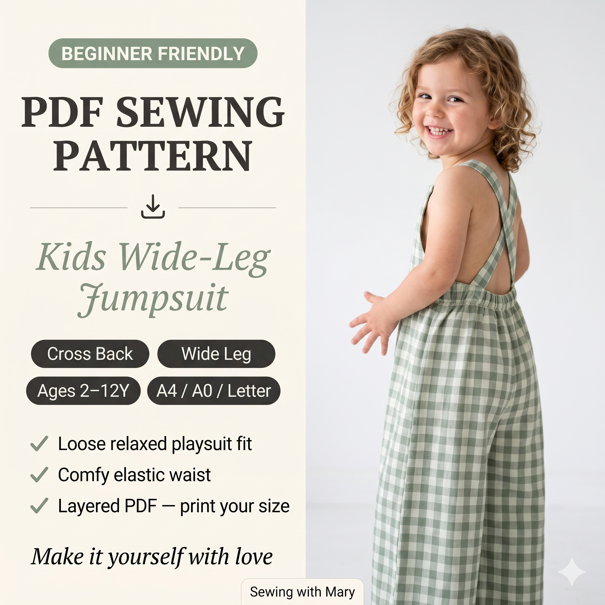 Kids Cross-Back Jumpsuit — Sewing Pattern (PDF) | Wide-Leg Toddler Romper 2Y–12Y