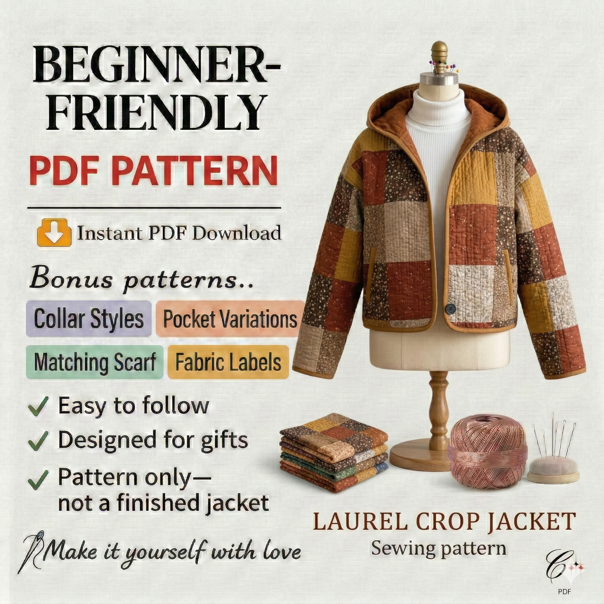 Laurel Crop Jacket Sewing Pattern | Beginner Friendly, Sizes XXS-4XL (Instant Download)