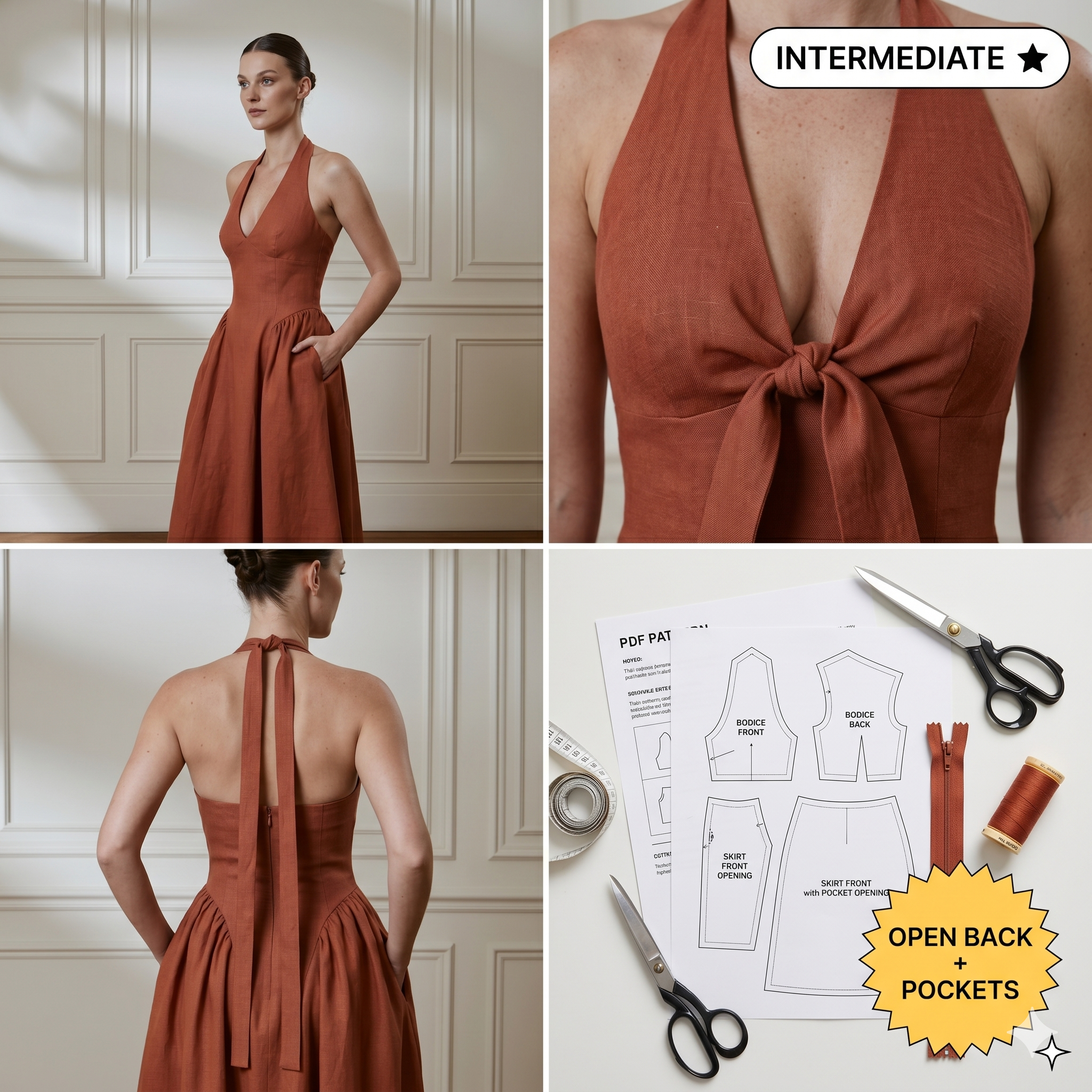 Lexi Dress pdf Sewing Pattern EU 34-52 UK 6-24 US 2-20| Dress Sewing Pattern Halter Dress with Open Back & Gathered Skirt Height 162-168 cm