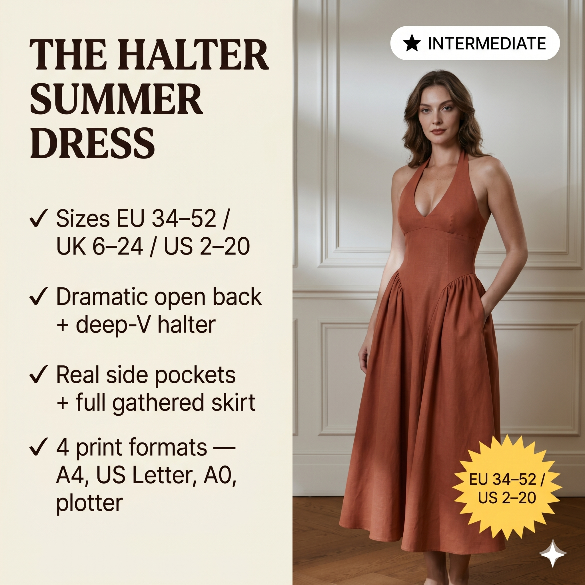 Lexi Dress pdf Sewing Pattern EU 34-52 UK 6-24 US 2-20| Dress Sewing Pattern Halter Dress with Open Back & Gathered Skirt Height 162-168 cm