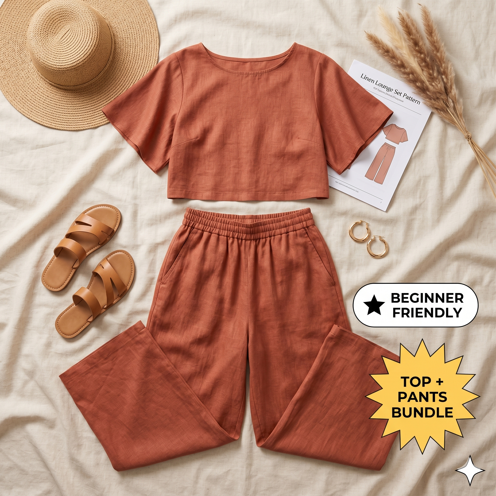 ✨ Linen Lounge Set – Cropped Top &amp; Palazzo Pants – Instant Download PDF Sewing Pattern