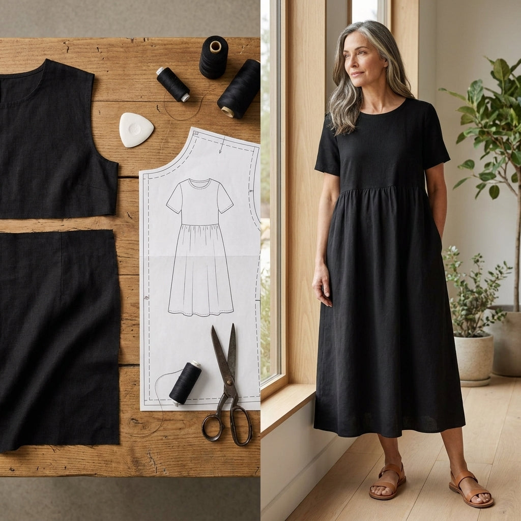 Two-Fabric Gathered Midi Dress – Instant Download PDF Sewing Pattern