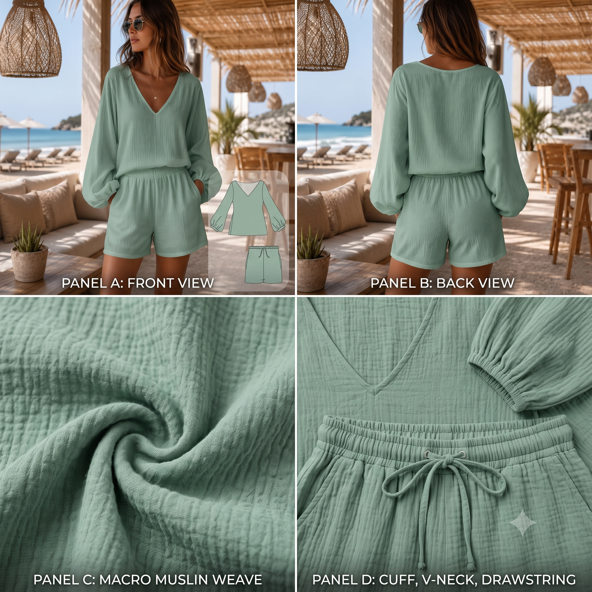 Muslin Lounge Set Sewing Pattern PDF, Oversized Blouse & Shorts, Beachwear Co Ord, Bishop Sleeve Top, Beginner Friendly, Sizes XXS–4XL