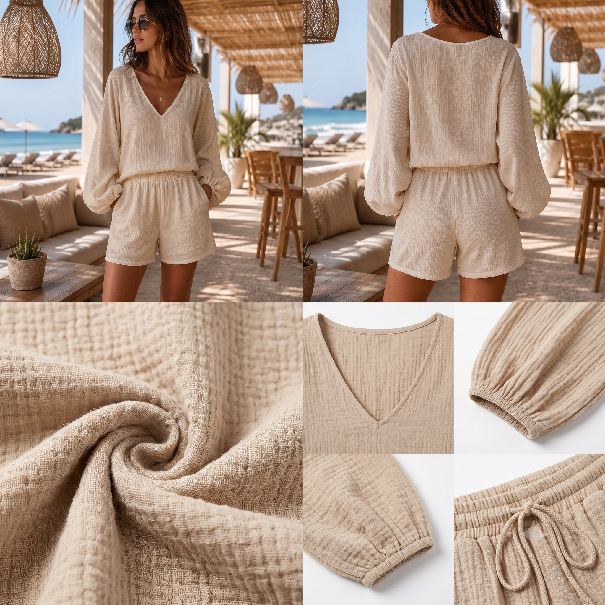 Muslin Lounge Set Sewing Pattern PDF, Oversized Blouse & Shorts, Beachwear Co Ord, Bishop Sleeve Top, Beginner Friendly, Sizes XXS–4XL