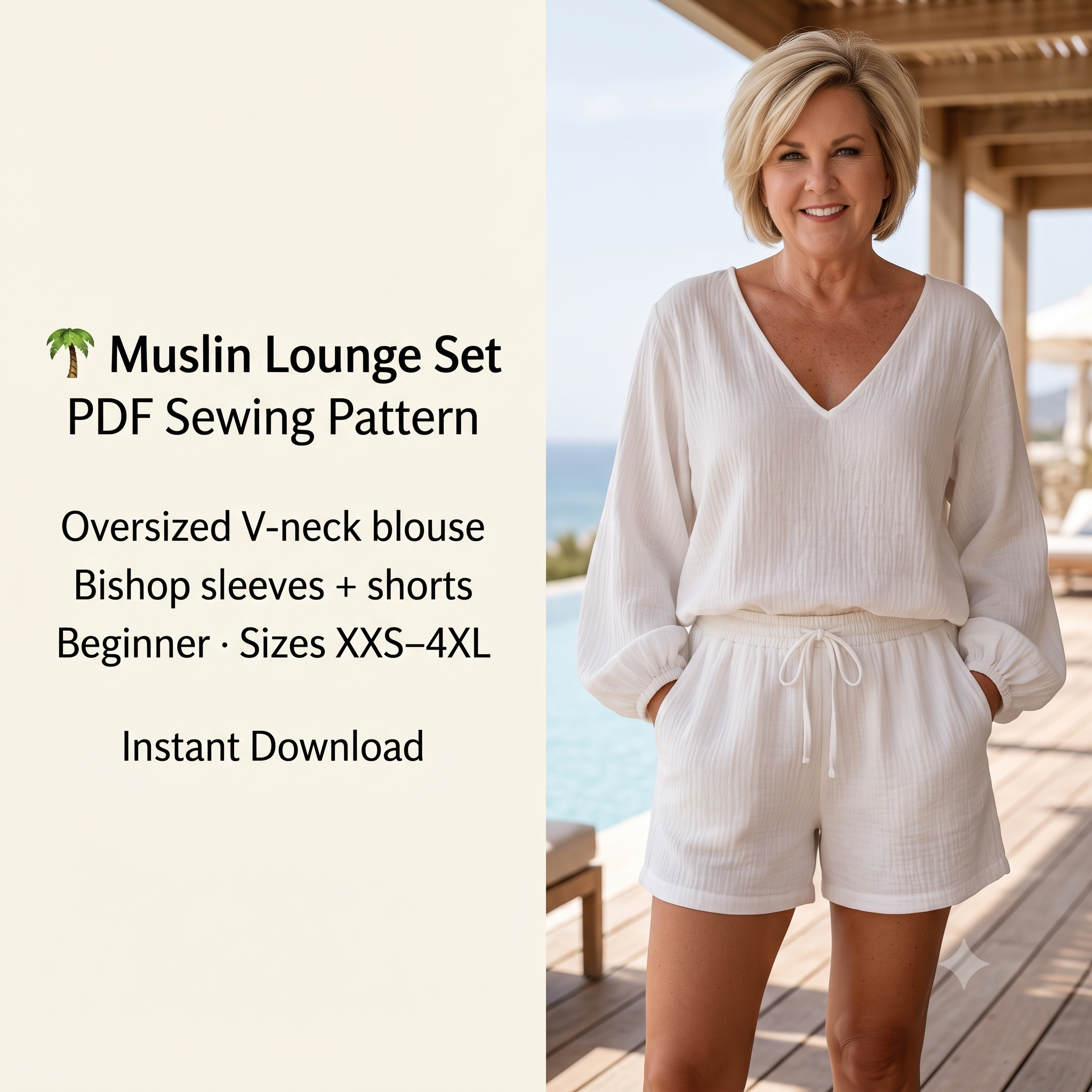 Muslin Lounge Set Sewing Pattern PDF, Oversized Blouse & Shorts, Beachwear Co Ord, Bishop Sleeve Top, Beginner Friendly, Sizes XXS–4XL