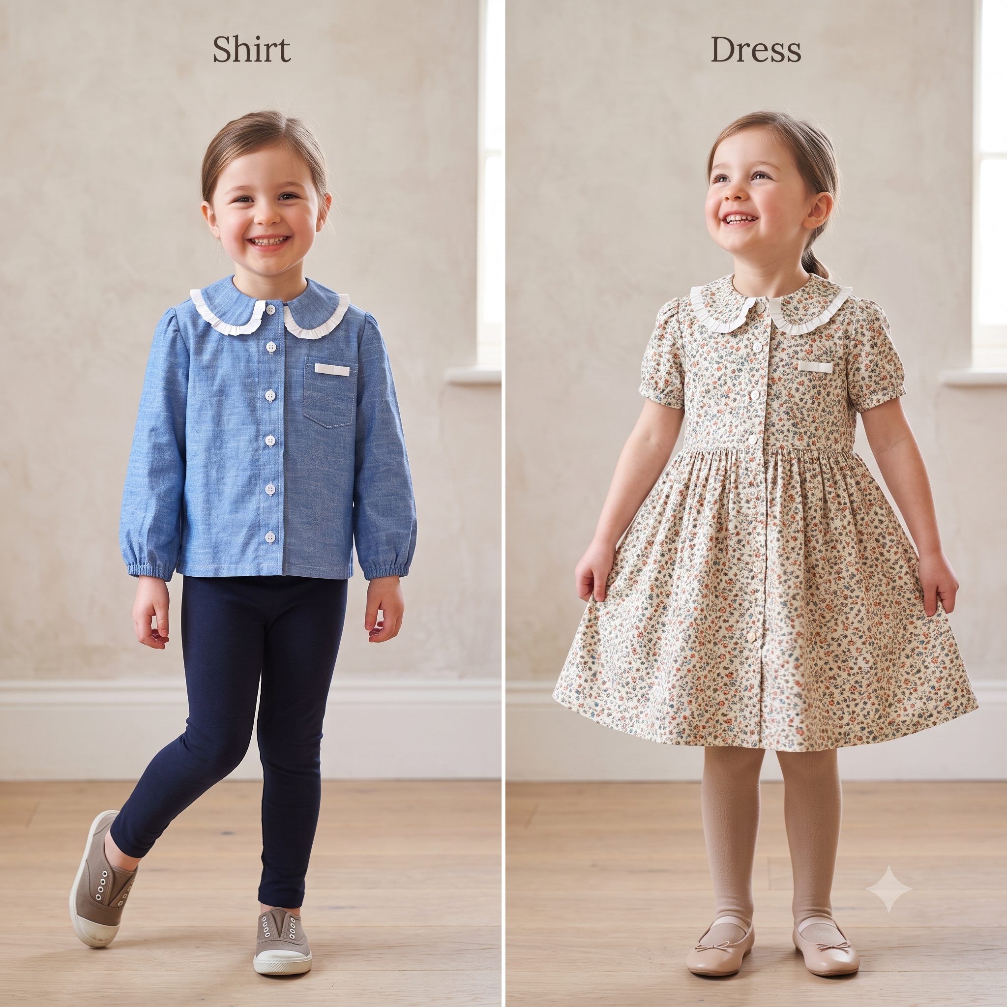 MINI BONNIE Kids Shirt Sewing Pattern PDF, Girls Boys Blouse & Dress, Peter Pan Collar, Ruffle Options, Chest Pocket, Ages 2–10 Years