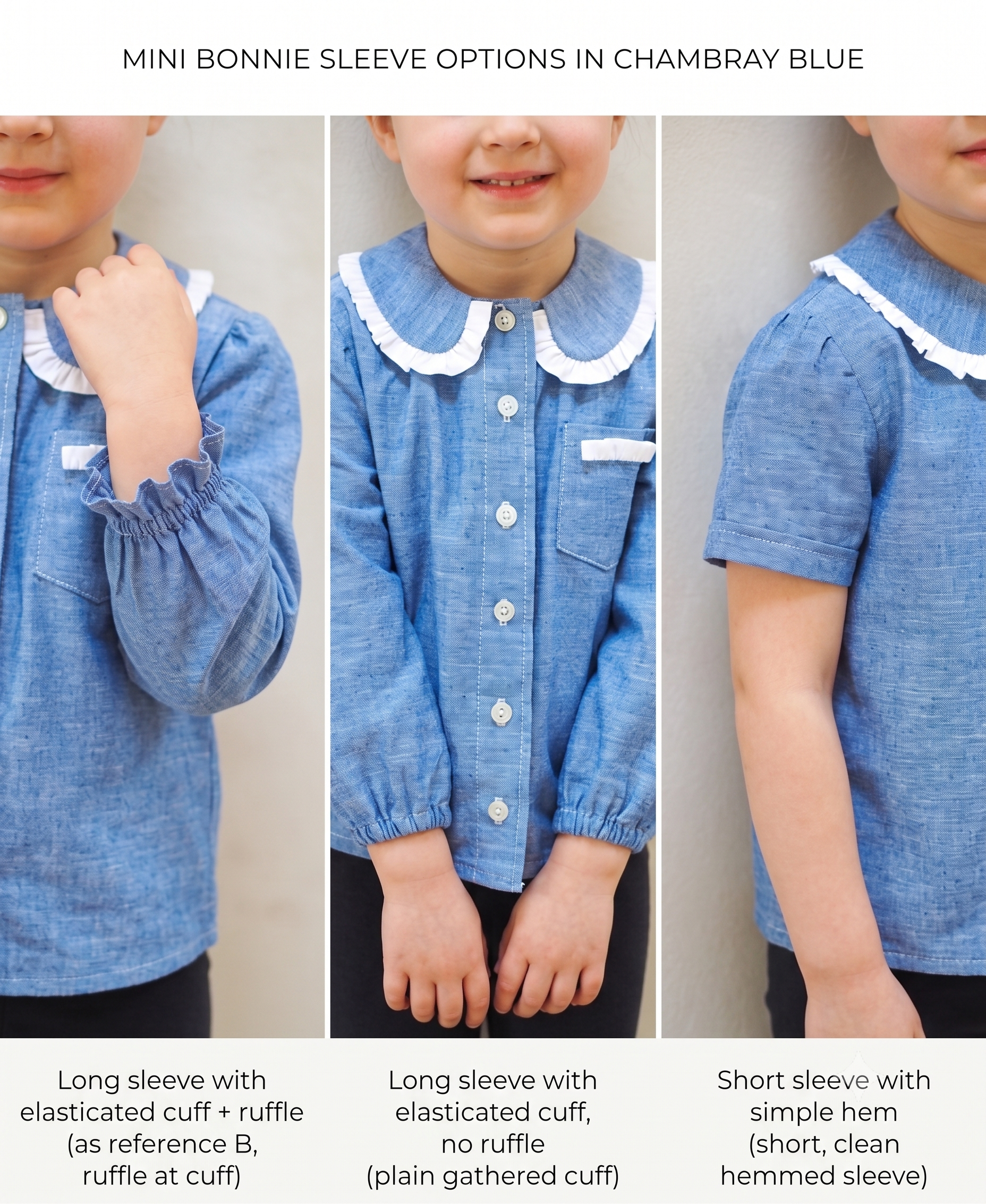 MINI BONNIE Kids Shirt Sewing Pattern PDF, Girls Boys Blouse & Dress, Peter Pan Collar, Ruffle Options, Chest Pocket, Ages 2–10 Years