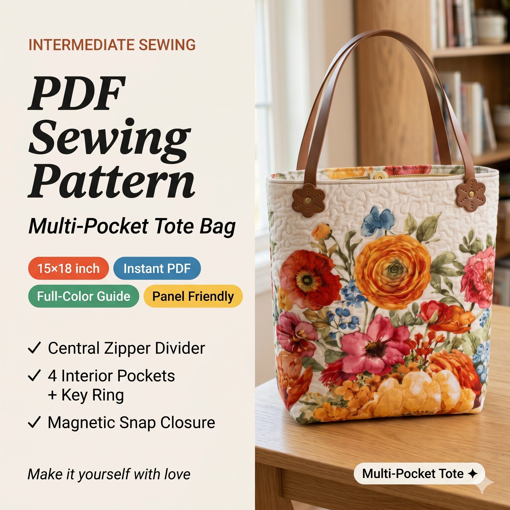 Multi-Pocket Tote Bag Sewing Pattern PDF | Zipper Divider Bag | 15"x18" Panel Fabric Friendly Tote | DIY Quilted Market Bag Instant Download