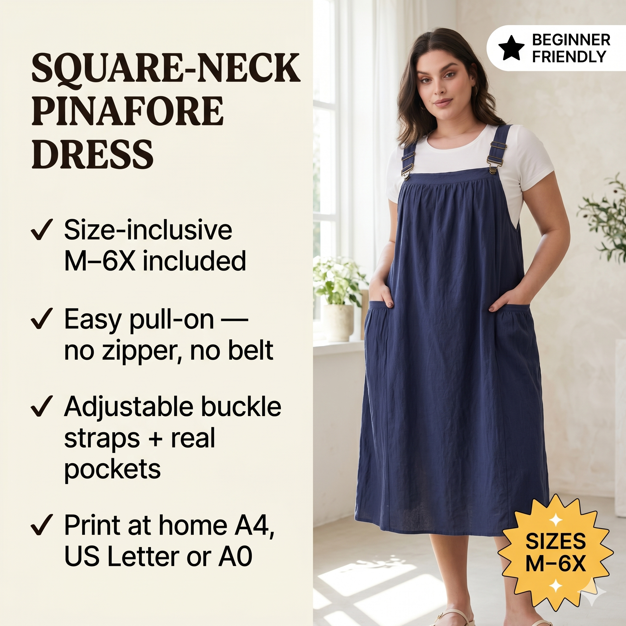 ✨ Cotton Pleated Square Neck Midi Dress – Instant Download PDF Sewing Pattern