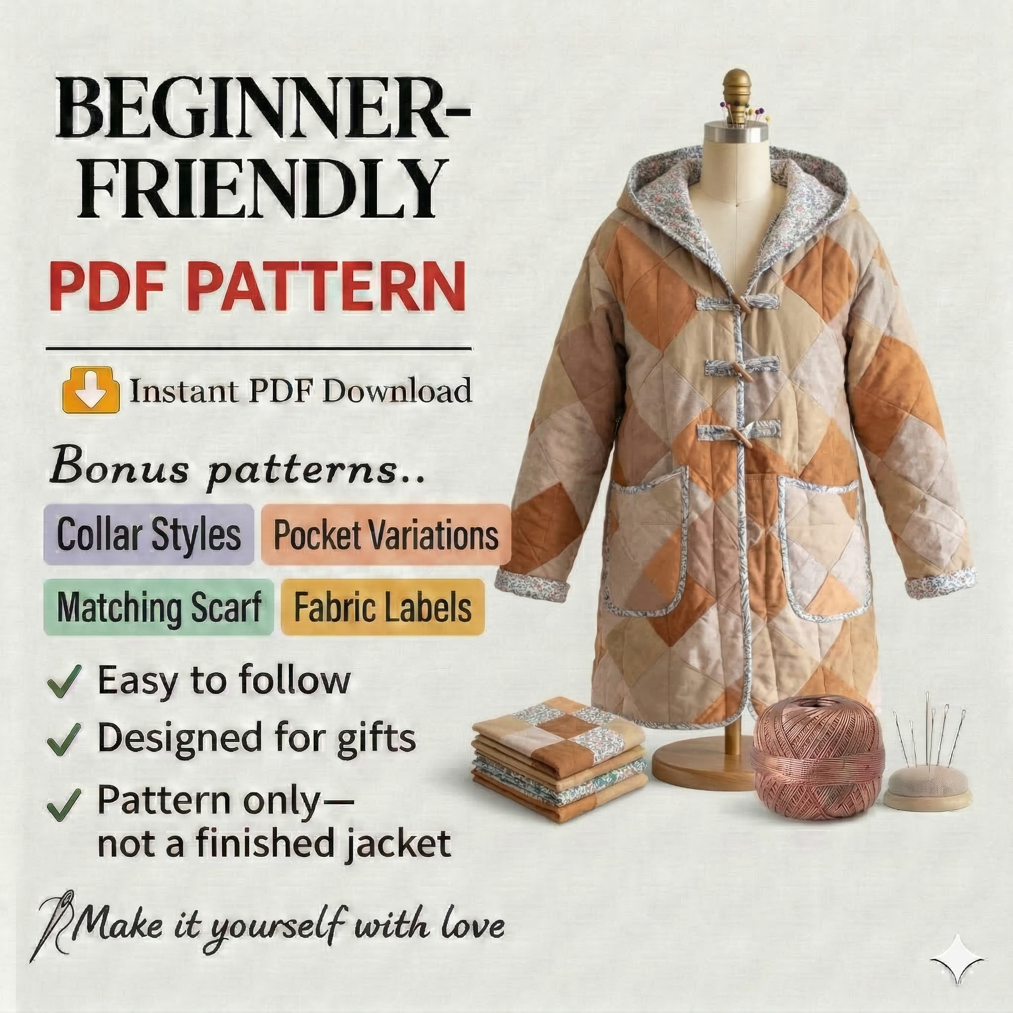 Hooded Quilt Coat Sewing Pattern: Omilla Design, PDF + Projector File
