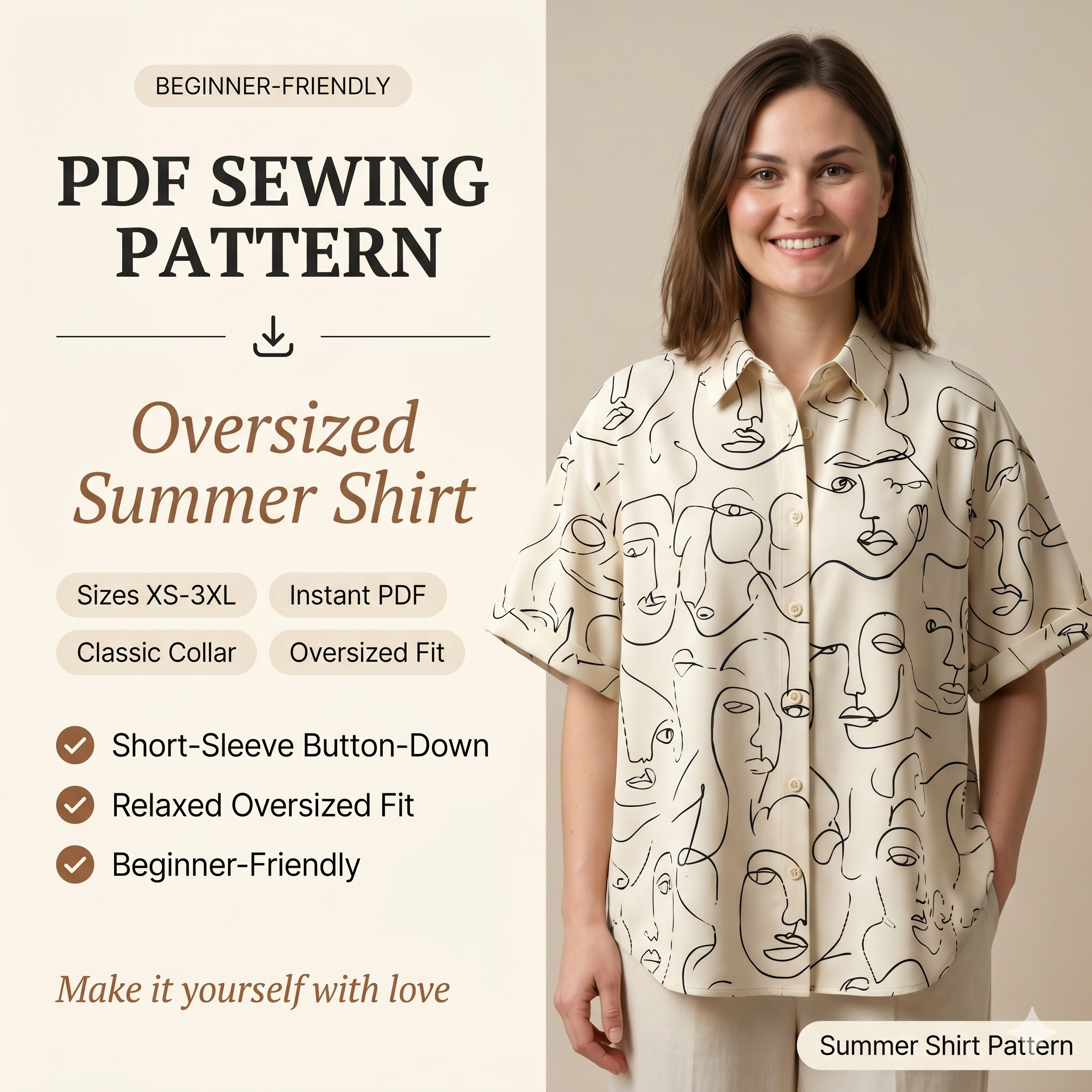 Women's Summer Shirt Sewing Pattern: PDF Short Sleeve Button Down - Oversized Aesthetic Blouse