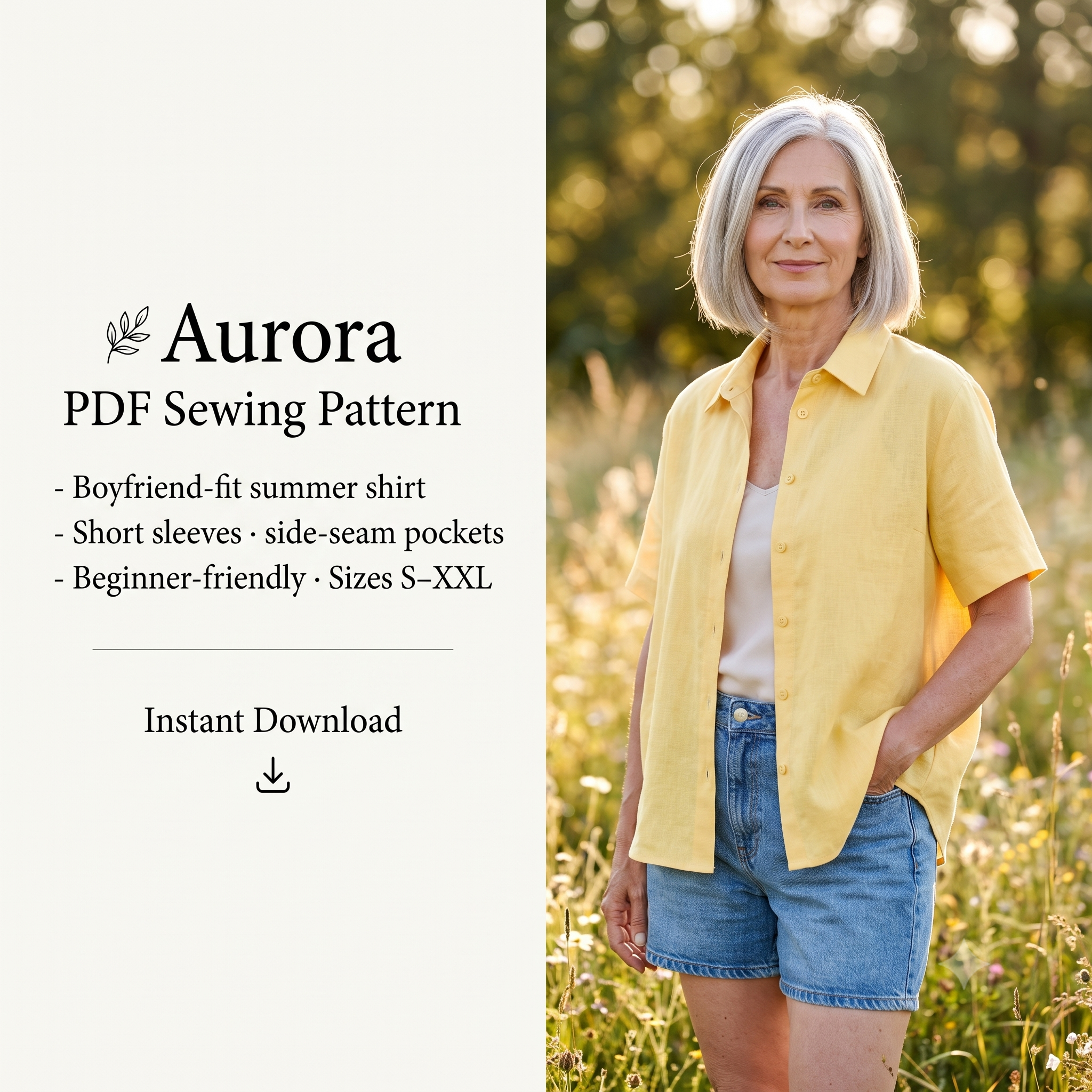 Oversized Shirt Sewing Pattern – Short Sleeve Button-Up PDF – Beginner-Friendly Viscose Cotton Satin – Relaxed Fit Summer Blouse – Digital Sewing Pattern