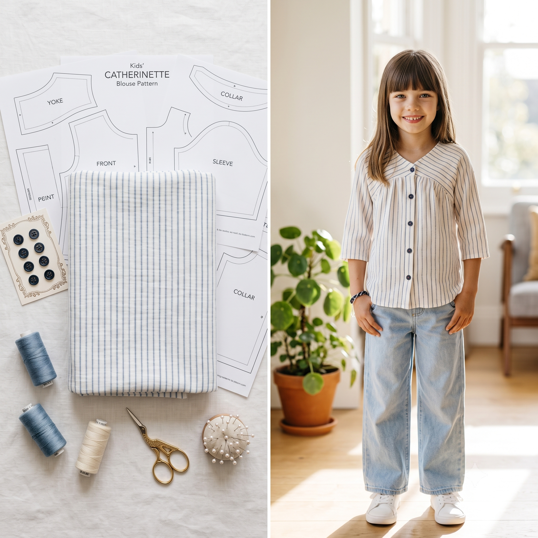 PETITE CATHERINETTE Kids Blouse Sewing Pattern PDF, Girls Blouse & Dress, Yoke Detail, 3/4 or Short Sleeve, Button Front, Ages 4–14 Years
