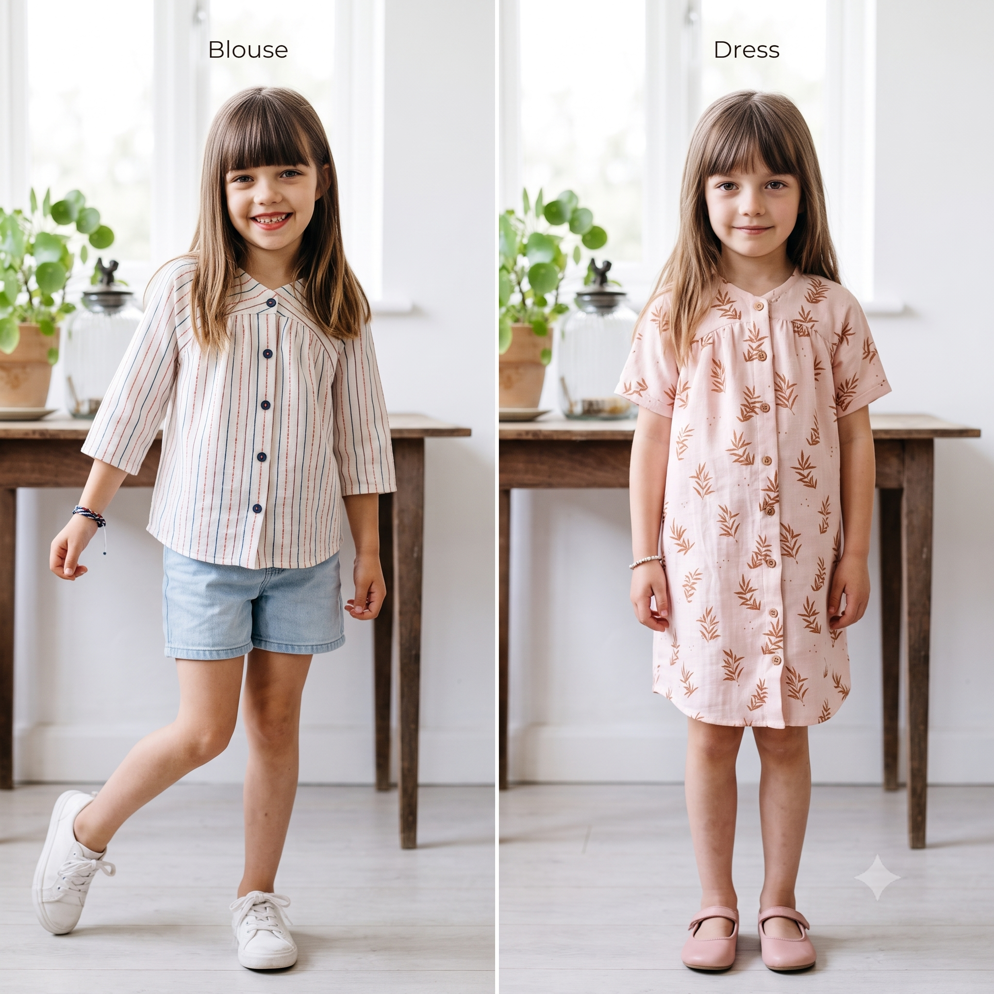 PETITE CATHERINETTE Kids Blouse Sewing Pattern PDF, Girls Blouse & Dress, Yoke Detail, 3/4 or Short Sleeve, Button Front, Ages 4–14 Years