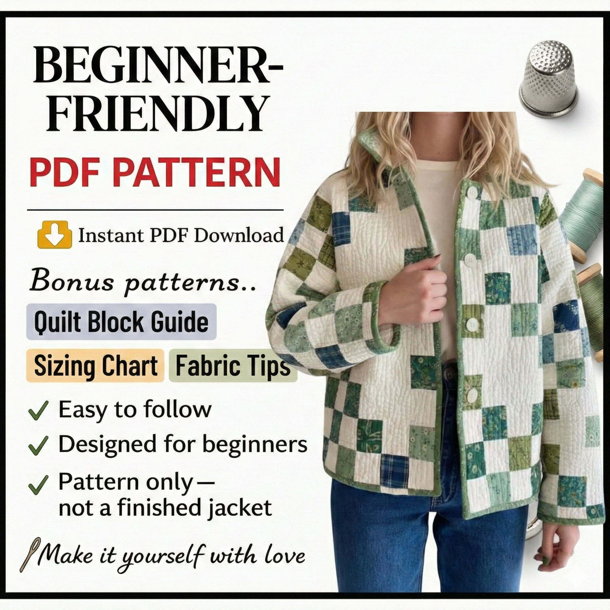 Patchwork Jacket Sewing Pattern PDF – Quilted Floral Coat Pattern – Cottagecore – Easy Beginner Friendly Tutorial