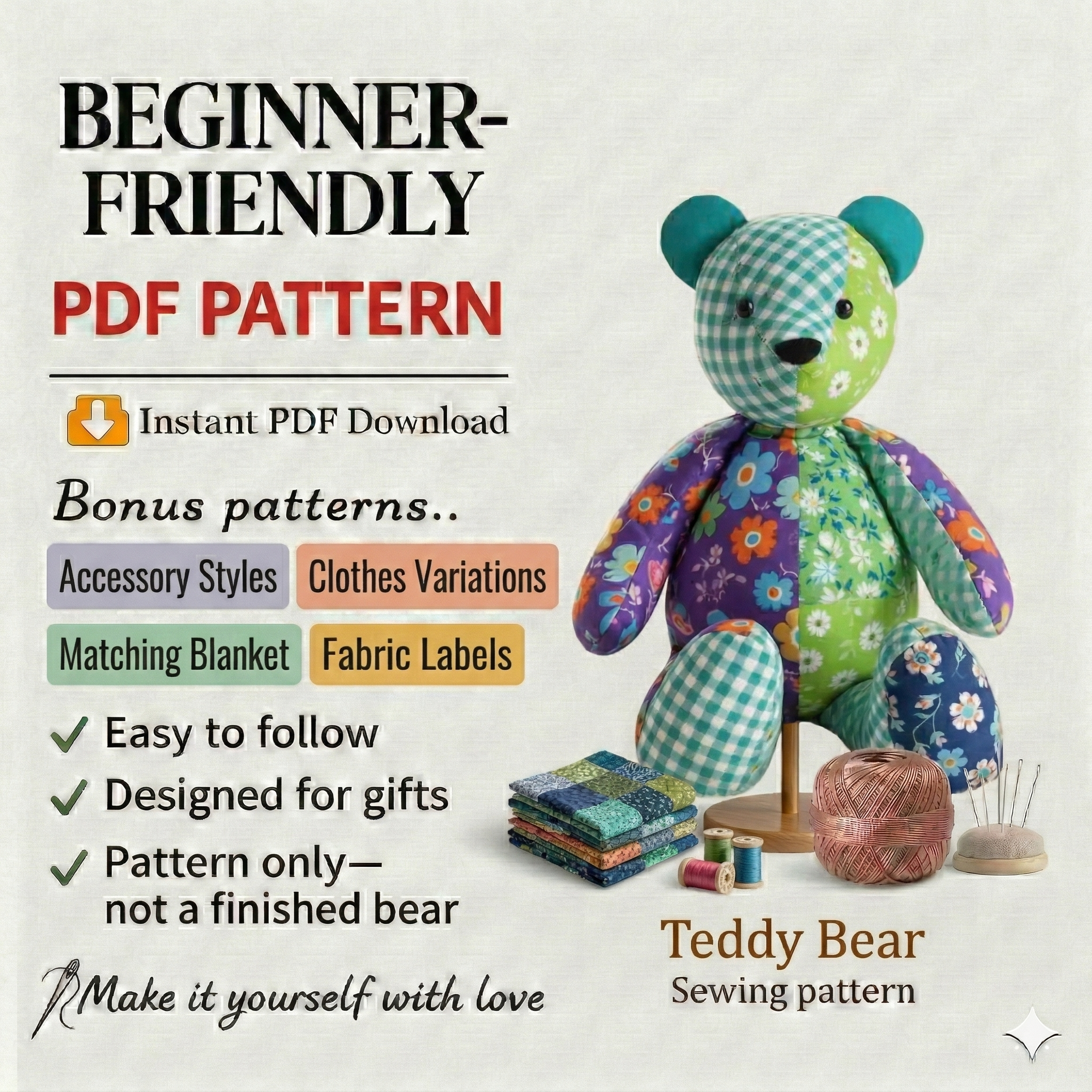 Teddy Bear Sewing Tutorial | Plush Animal Pattern | 20 Sizes PDF